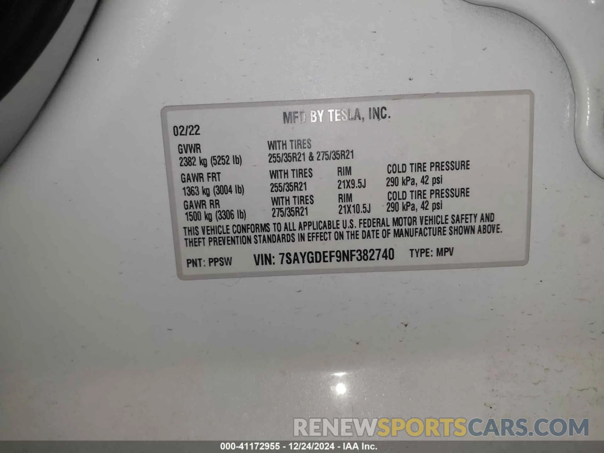9 Фотография поврежденного автомобиля 7SAYGDEF9NF382740 TESLA MODEL Y 2022