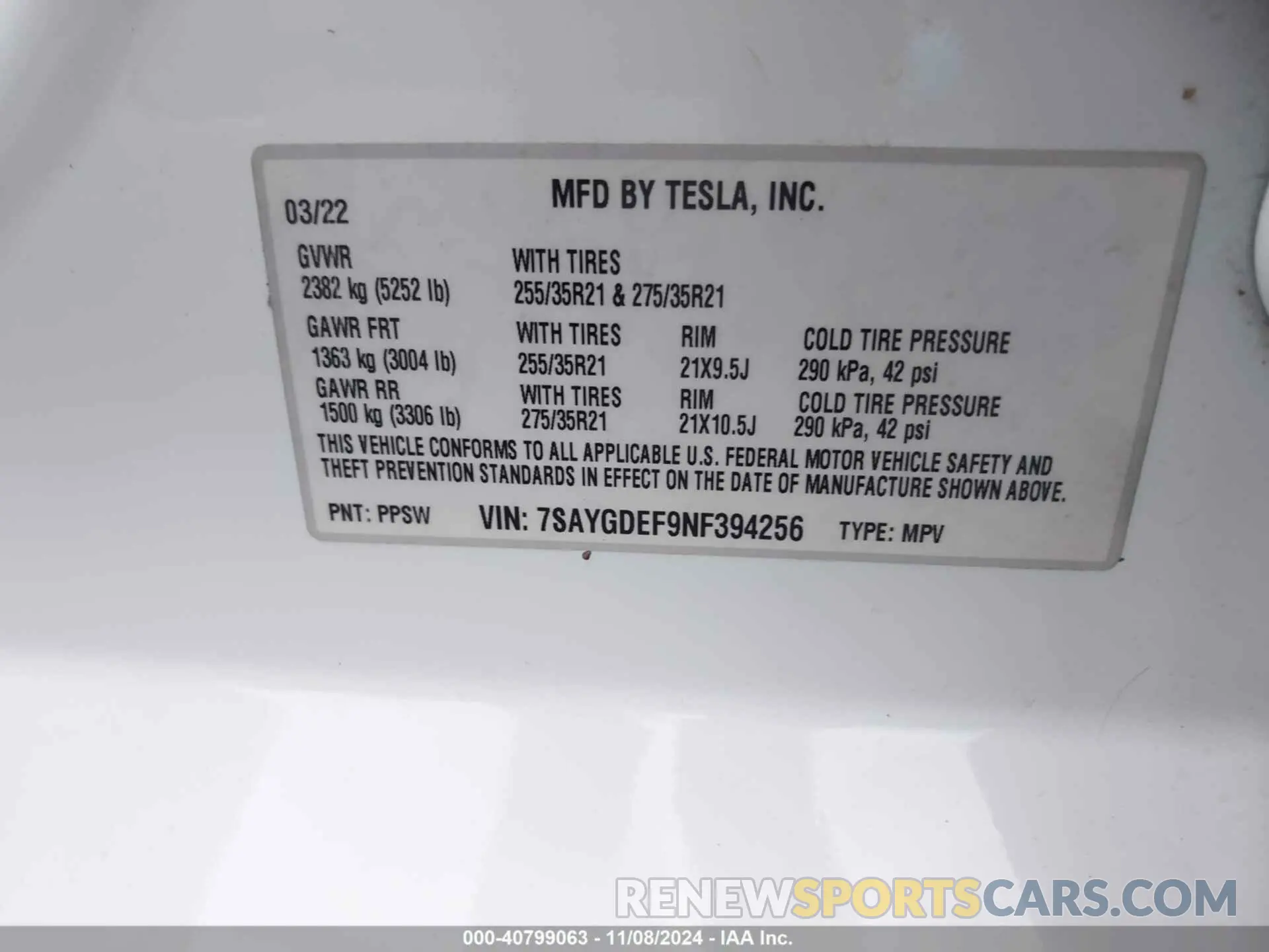9 Photograph of a damaged car 7SAYGDEF9NF394256 TESLA MODEL Y 2022