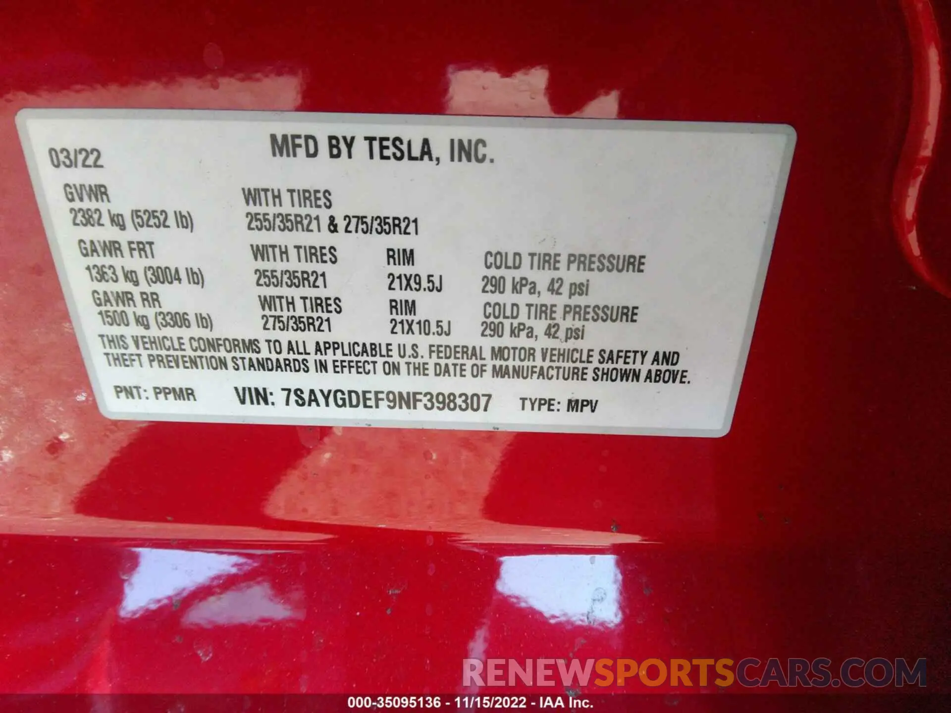 9 Photograph of a damaged car 7SAYGDEF9NF398307 TESLA MODEL Y 2022