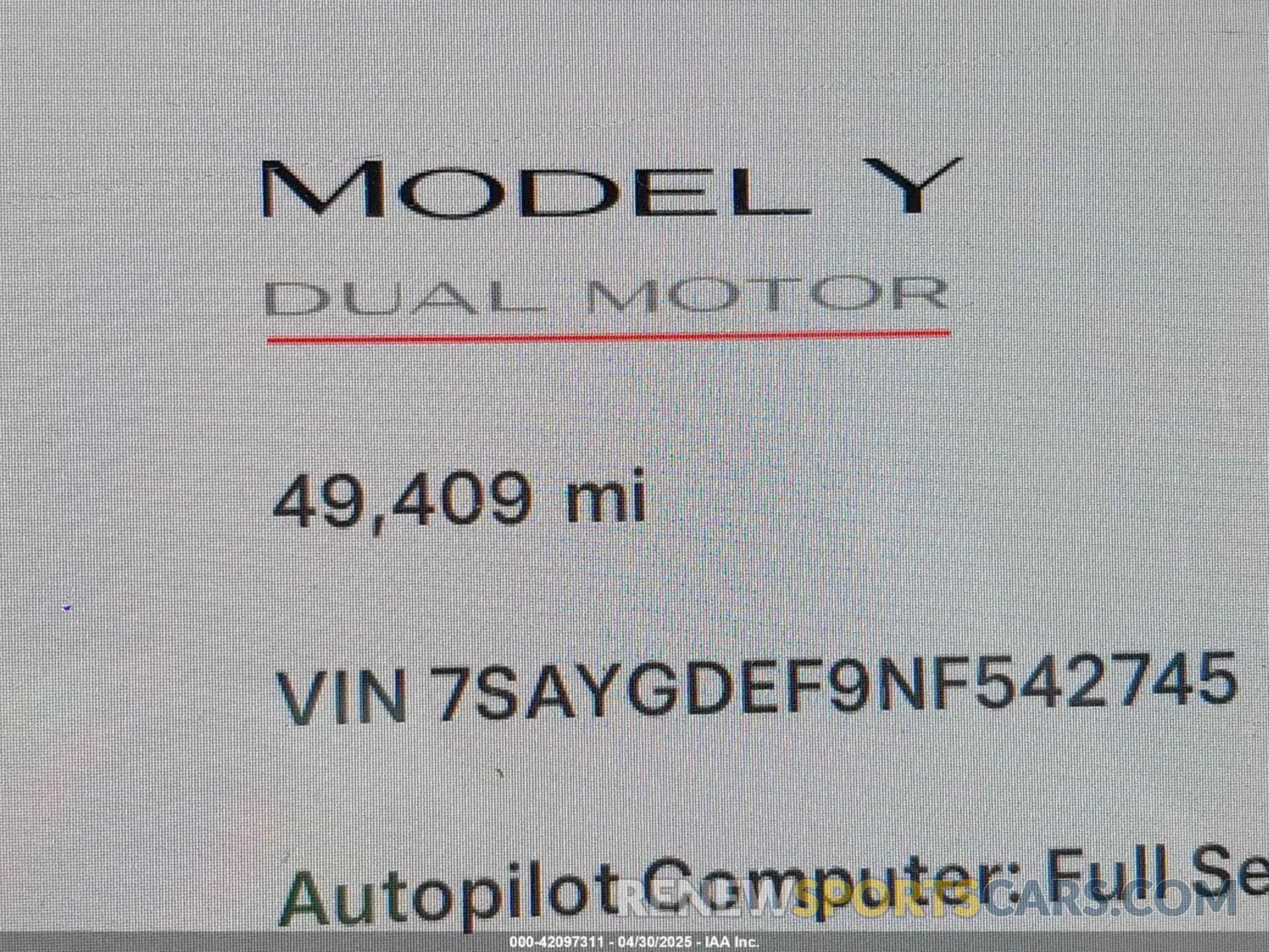 15 Фотография поврежденного автомобиля 7SAYGDEF9NF542745 TESLA MODEL Y 2022