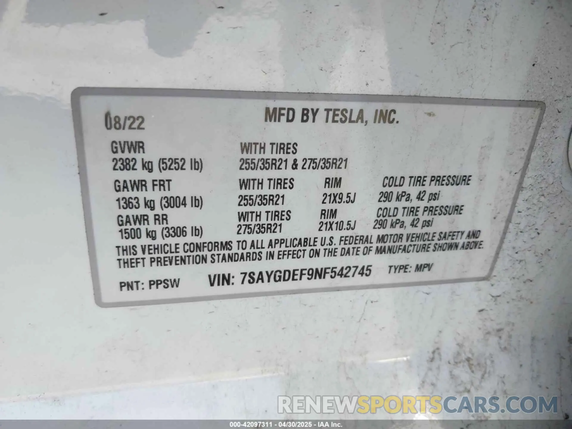 9 Фотография поврежденного автомобиля 7SAYGDEF9NF542745 TESLA MODEL Y 2022