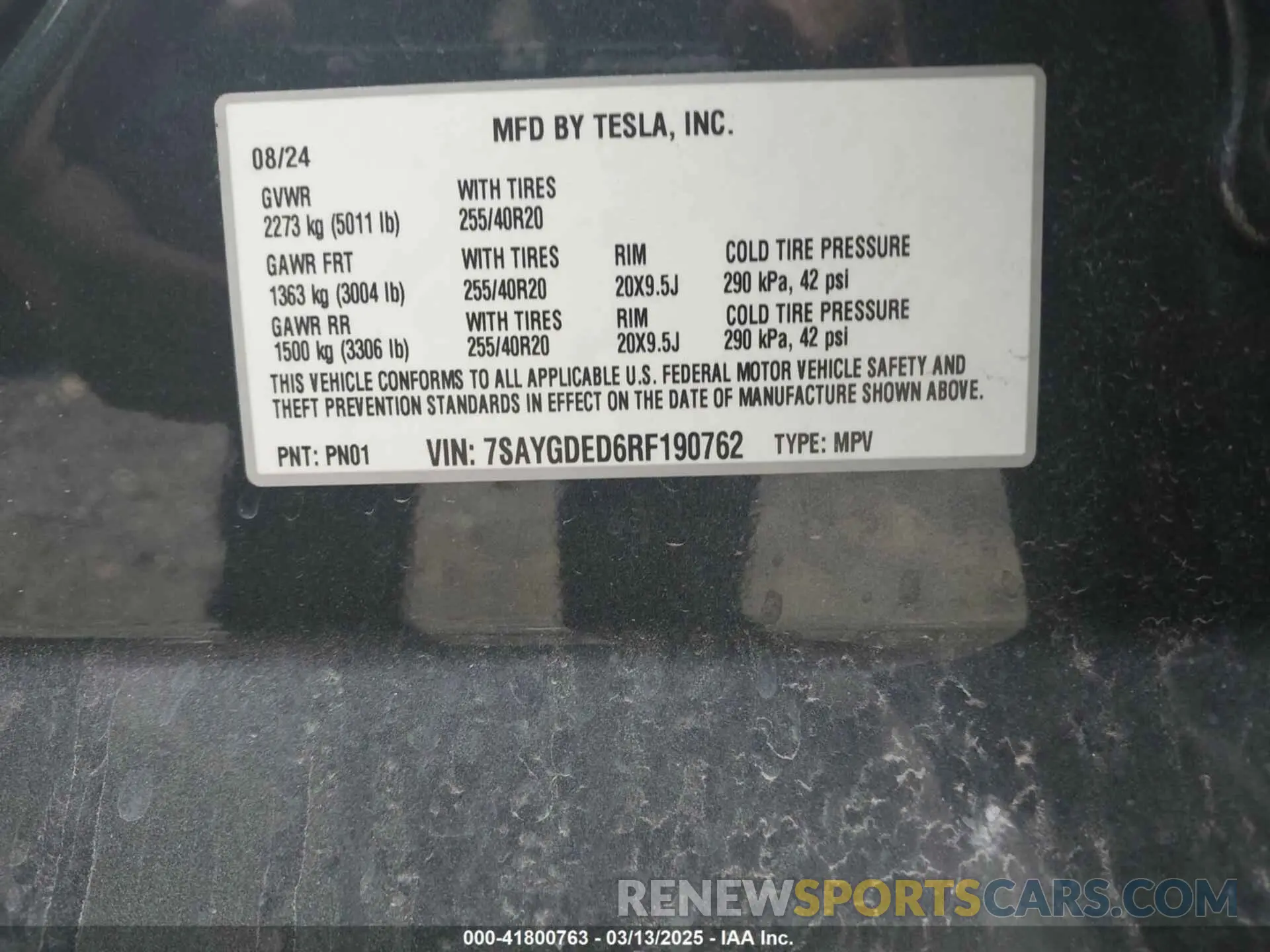 9 Фотография поврежденного автомобиля 7SAYGDED6RF190762 TESLA MODEL Y 2024