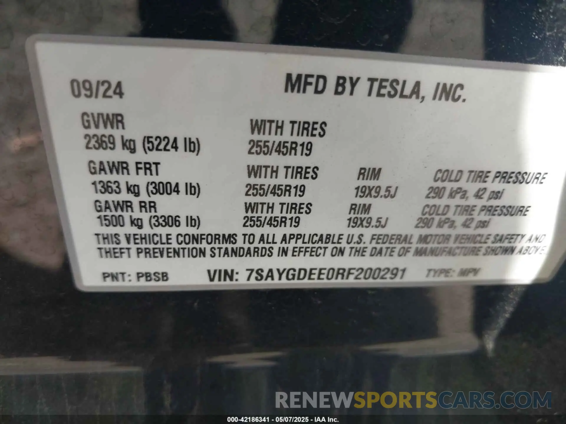 9 Фотография поврежденного автомобиля 7SAYGDEE0RF200291 TESLA MODEL Y 2024
