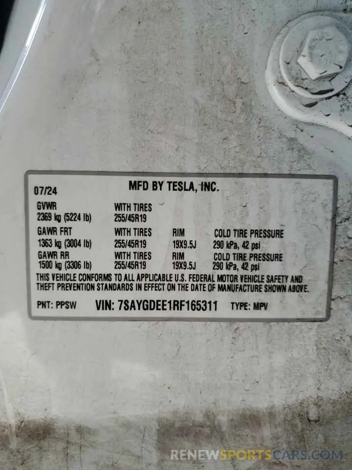 14 Фотография поврежденного автомобиля 7SAYGDEE1RF165311 TESLA MODEL Y 2024