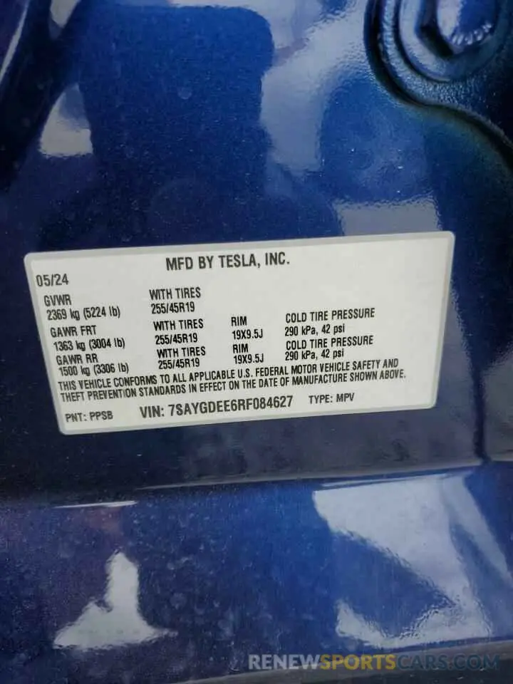 12 Фотография поврежденного автомобиля 7SAYGDEE6RF084627 TESLA MODEL Y 2024