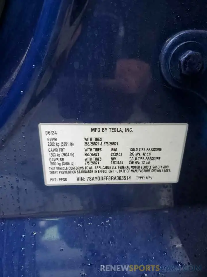 12 Фотография поврежденного автомобиля 7SAYGDEF8RA303514 TESLA MODEL Y 2024
