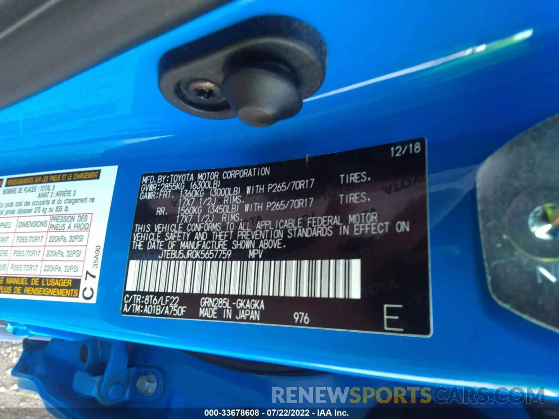 9 Photograph of a damaged car JTEBU5JR0K5657759 TOYOTA 4RUNNER 2019
