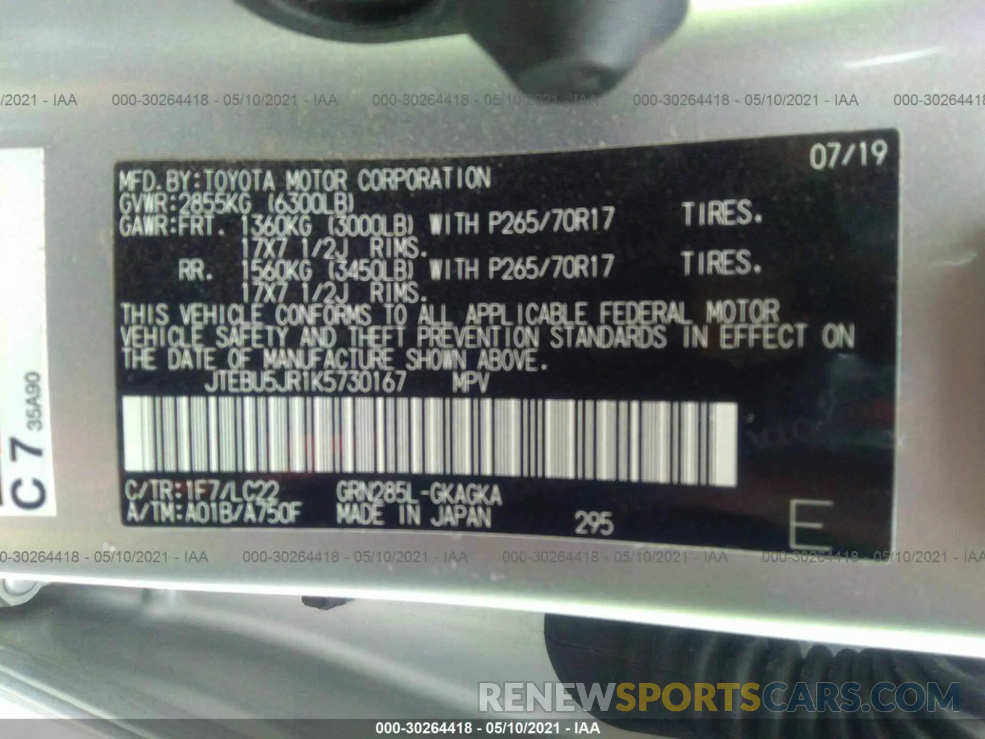 9 Photograph of a damaged car JTEBU5JR1K5730167 TOYOTA 4RUNNER 2019