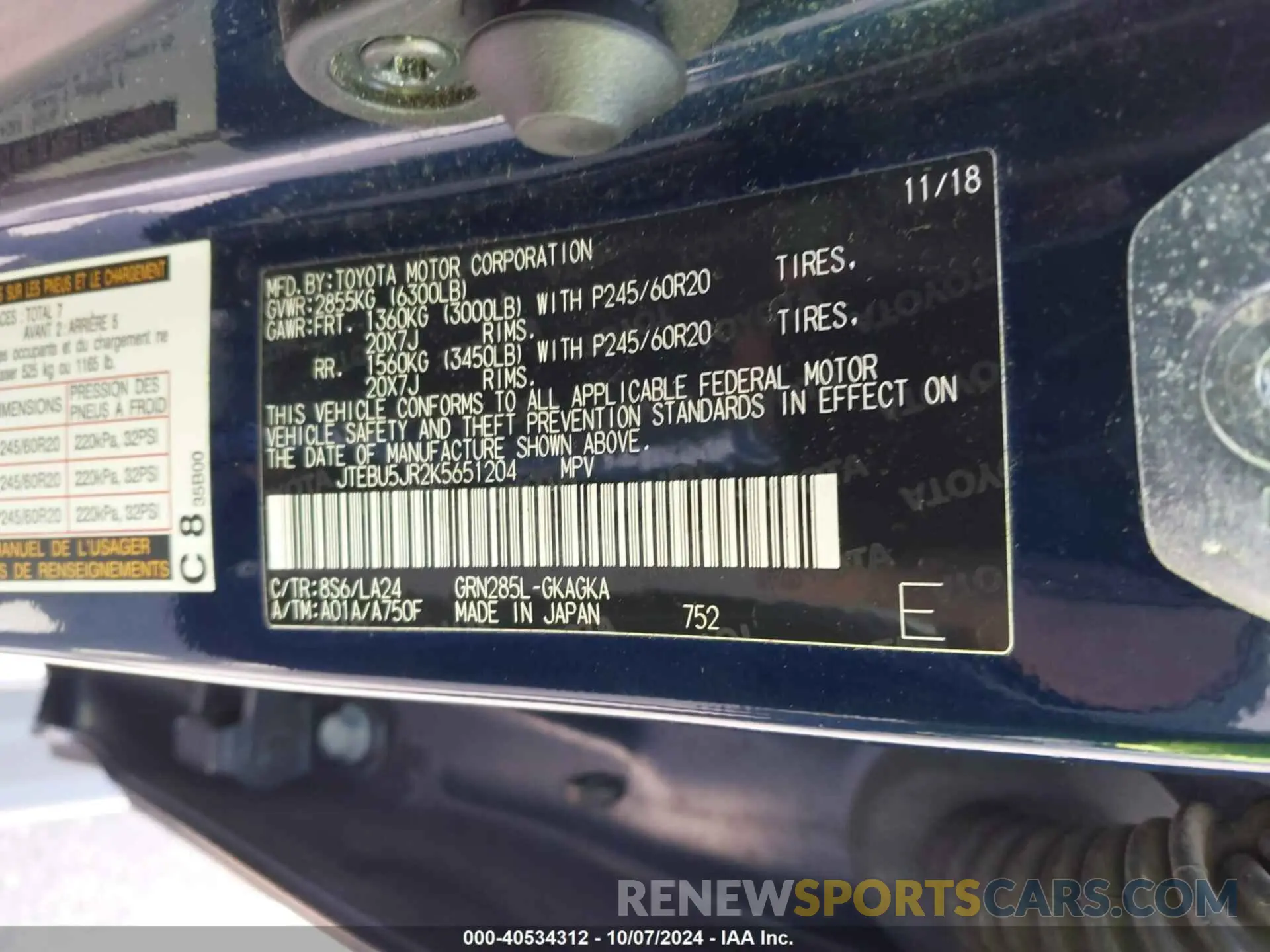 9 Photograph of a damaged car JTEBU5JR2K5651204 TOYOTA 4RUNNER 2019