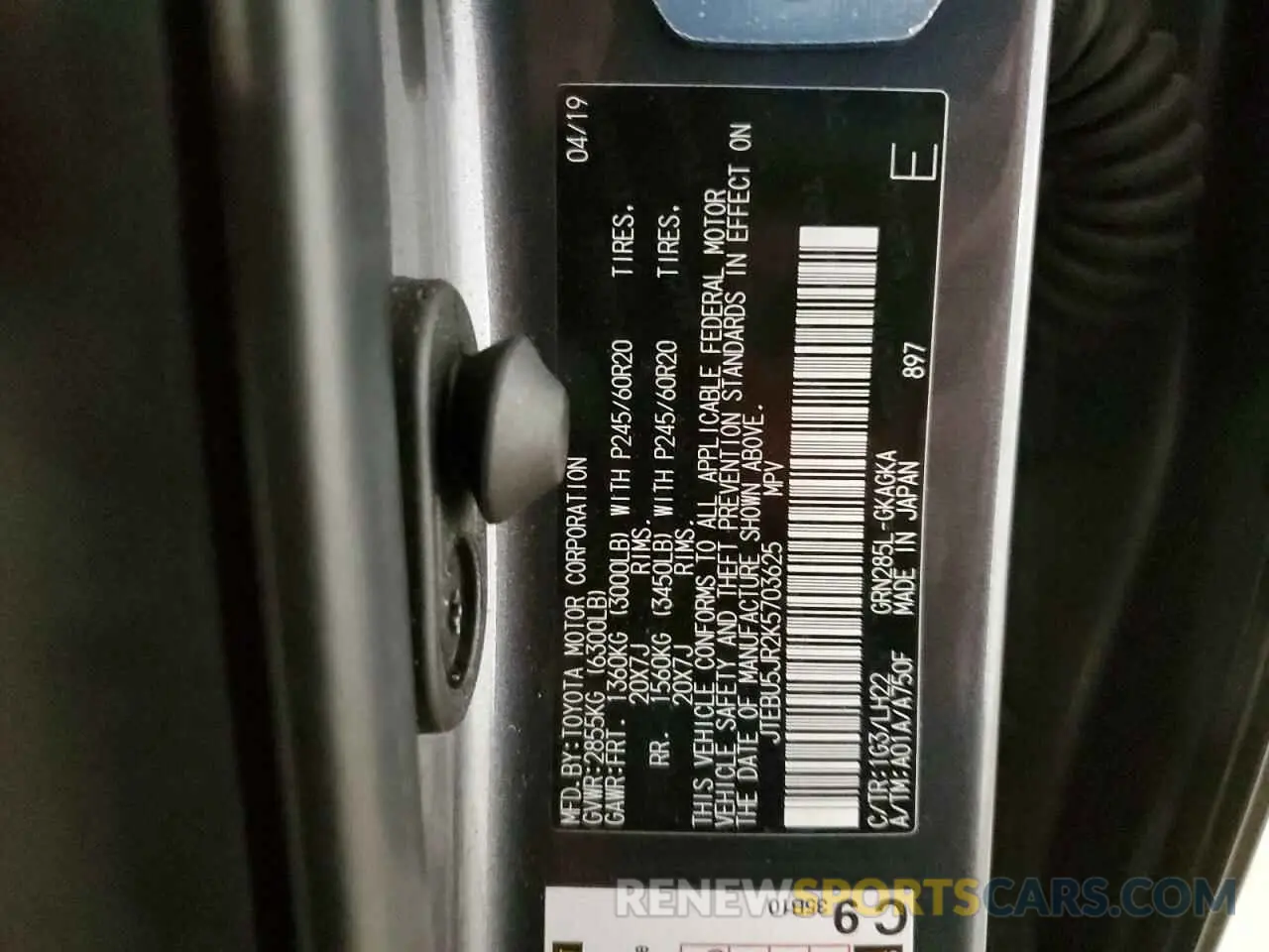 10 Фотография поврежденного автомобиля JTEBU5JR2K5703625 TOYOTA 4RUNNER 2019