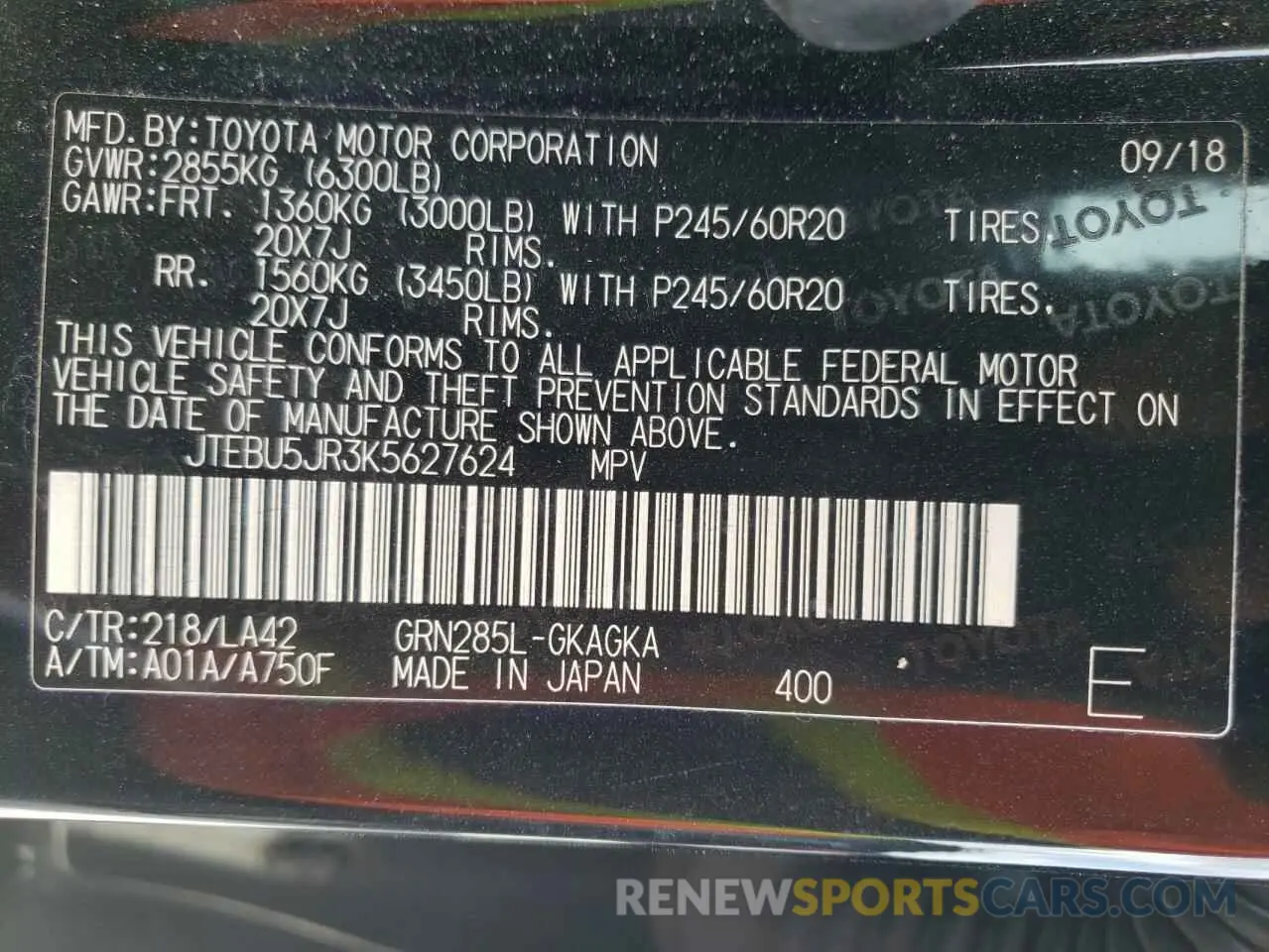 10 Photograph of a damaged car JTEBU5JR3K5627624 TOYOTA 4RUNNER 2019