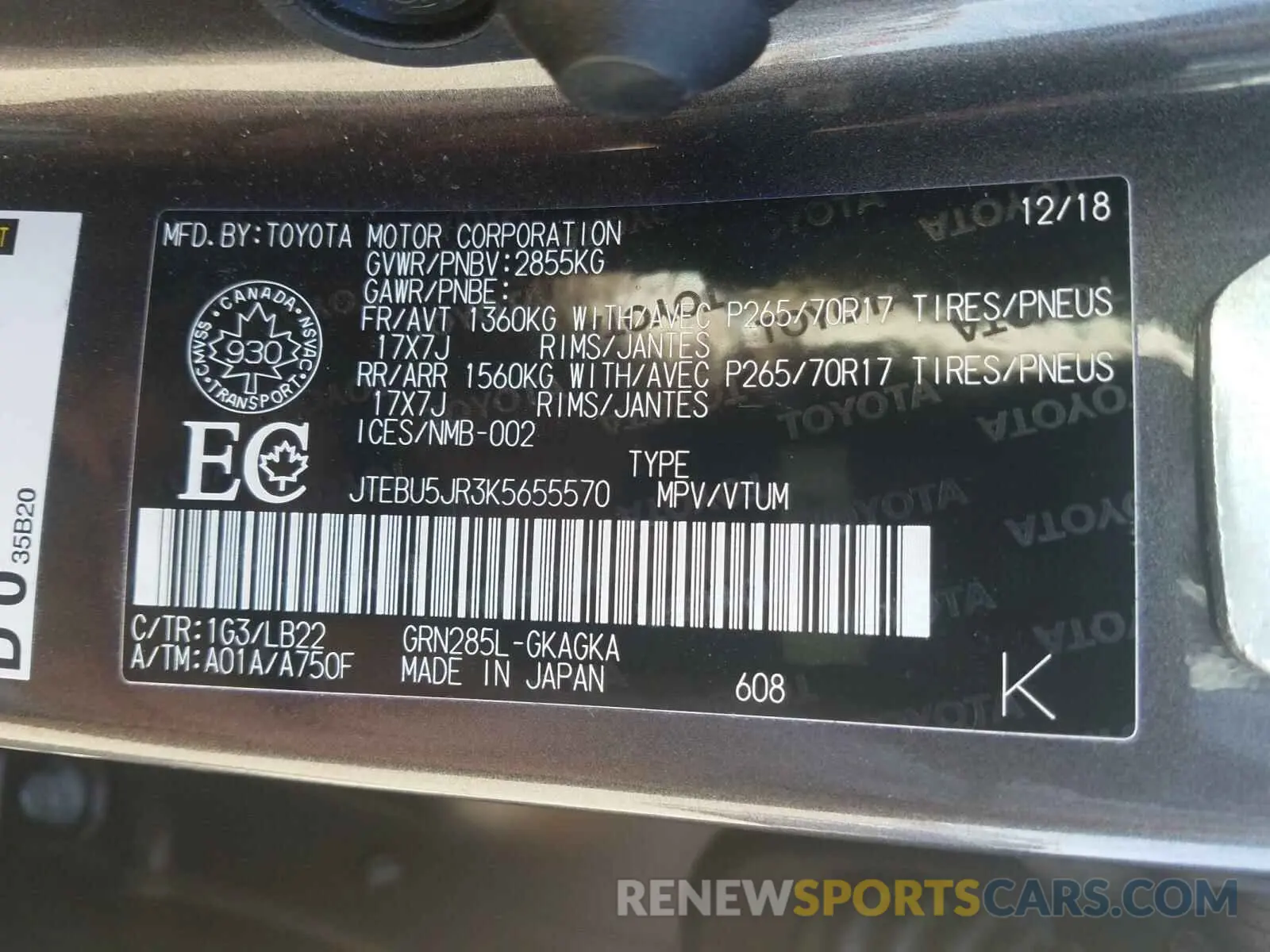 10 Photograph of a damaged car JTEBU5JR3K5655570 TOYOTA 4RUNNER 2019