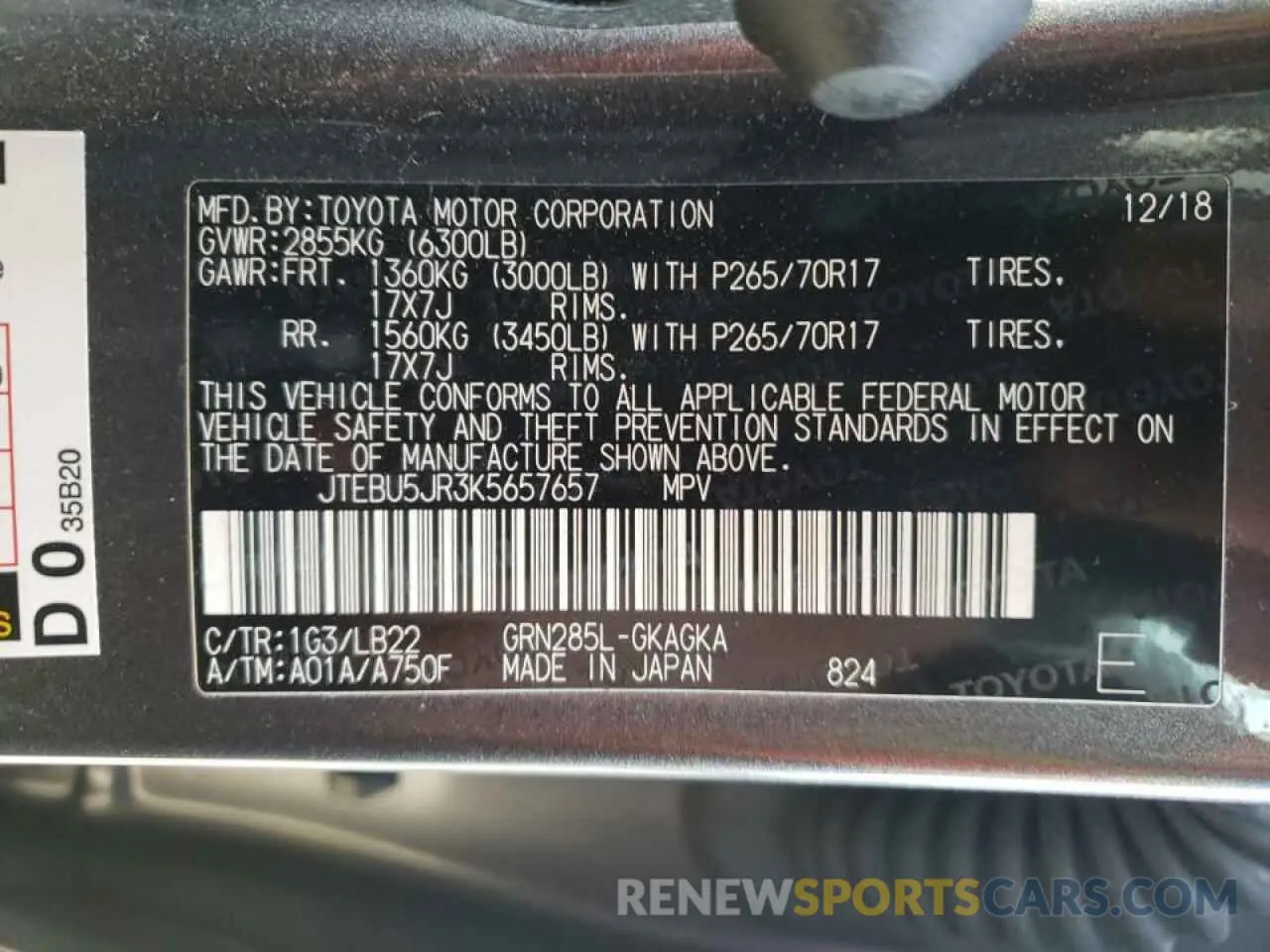 10 Photograph of a damaged car JTEBU5JR3K5657657 TOYOTA 4RUNNER 2019
