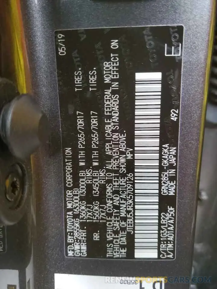 10 Photograph of a damaged car JTEBU5JR3K5709126 TOYOTA 4RUNNER 2019