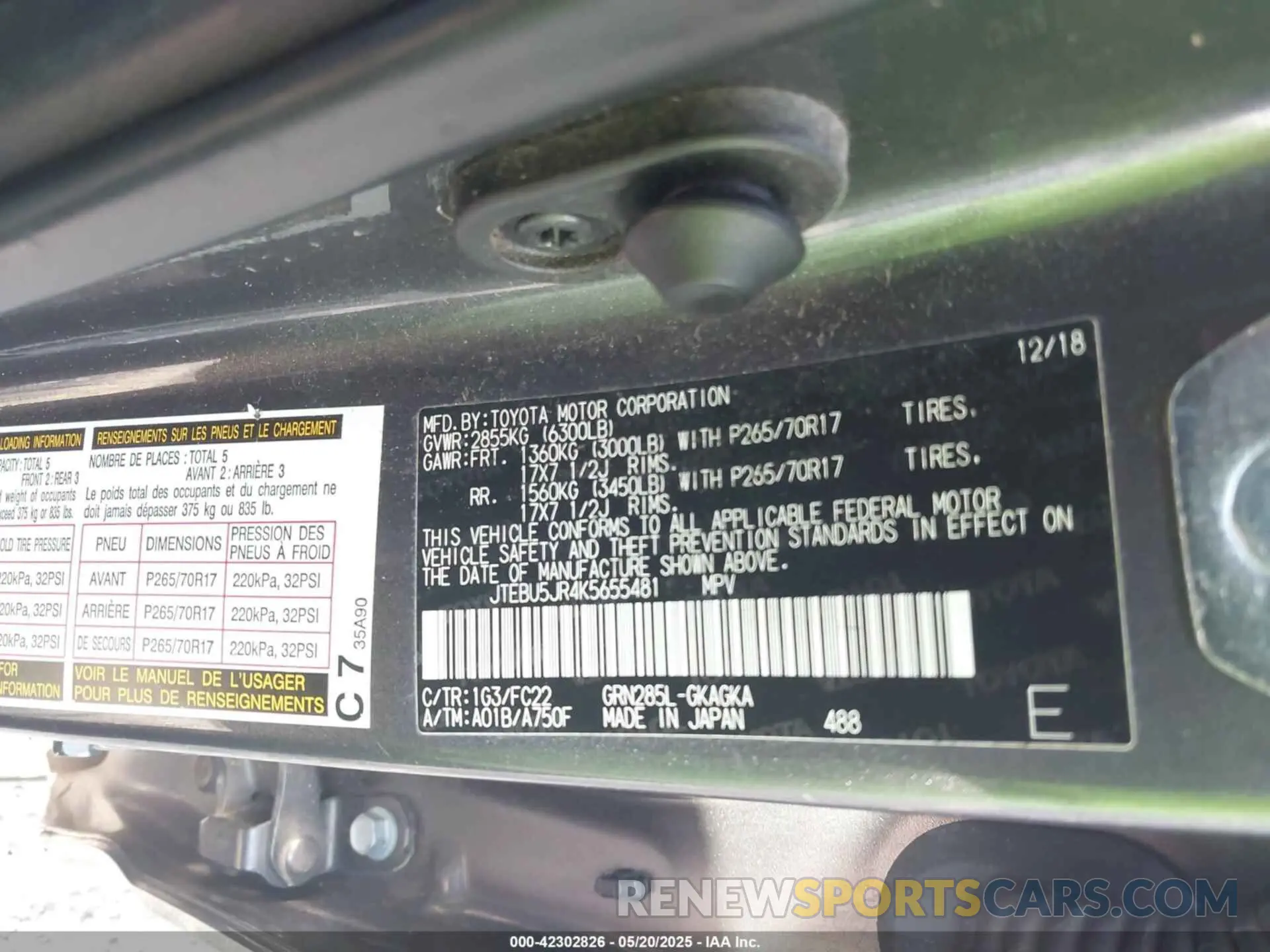 9 Photograph of a damaged car JTEBU5JR4K5655481 TOYOTA 4RUNNER 2019