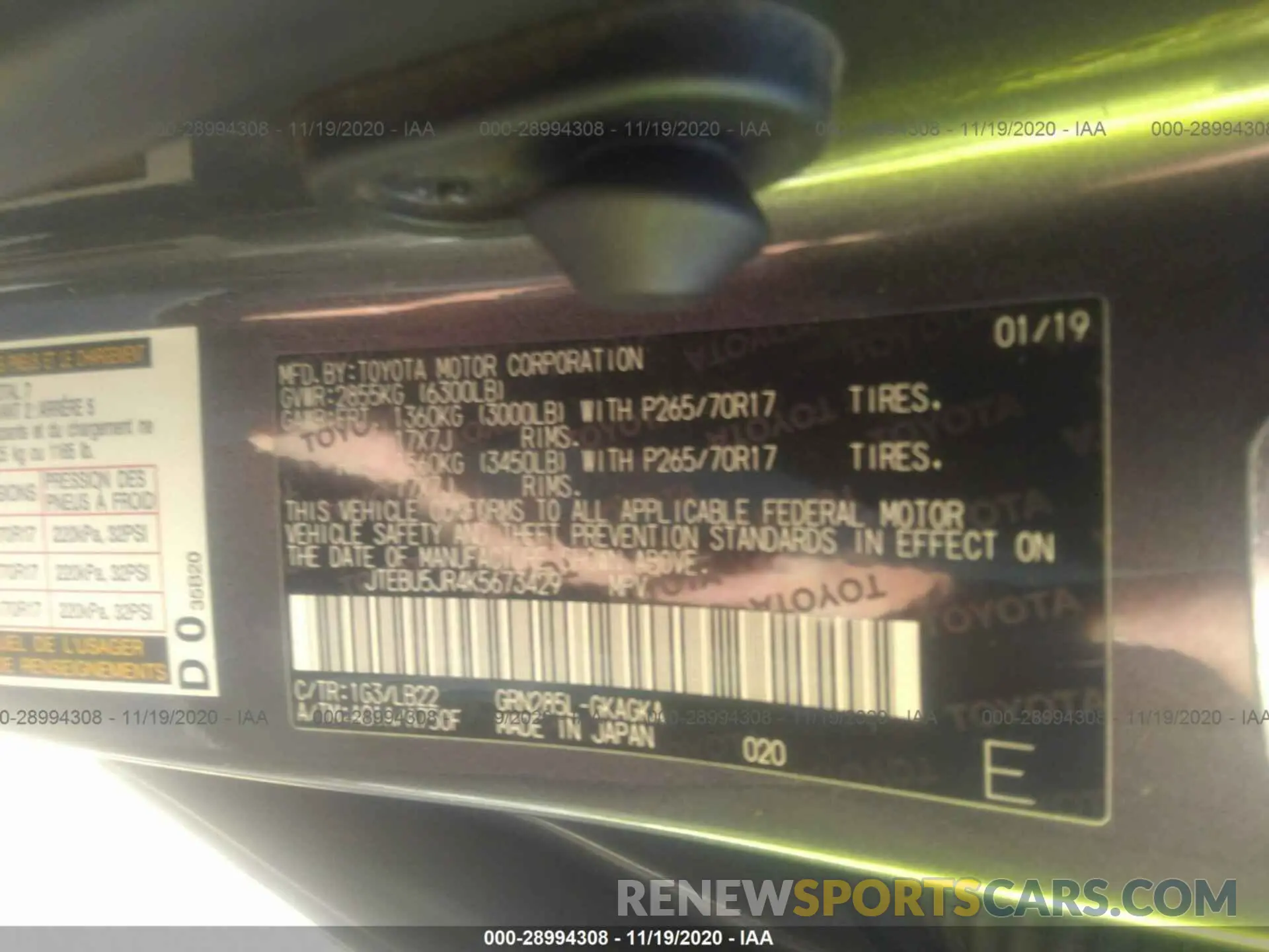 9 Photograph of a damaged car JTEBU5JR4K5673429 TOYOTA 4RUNNER 2019