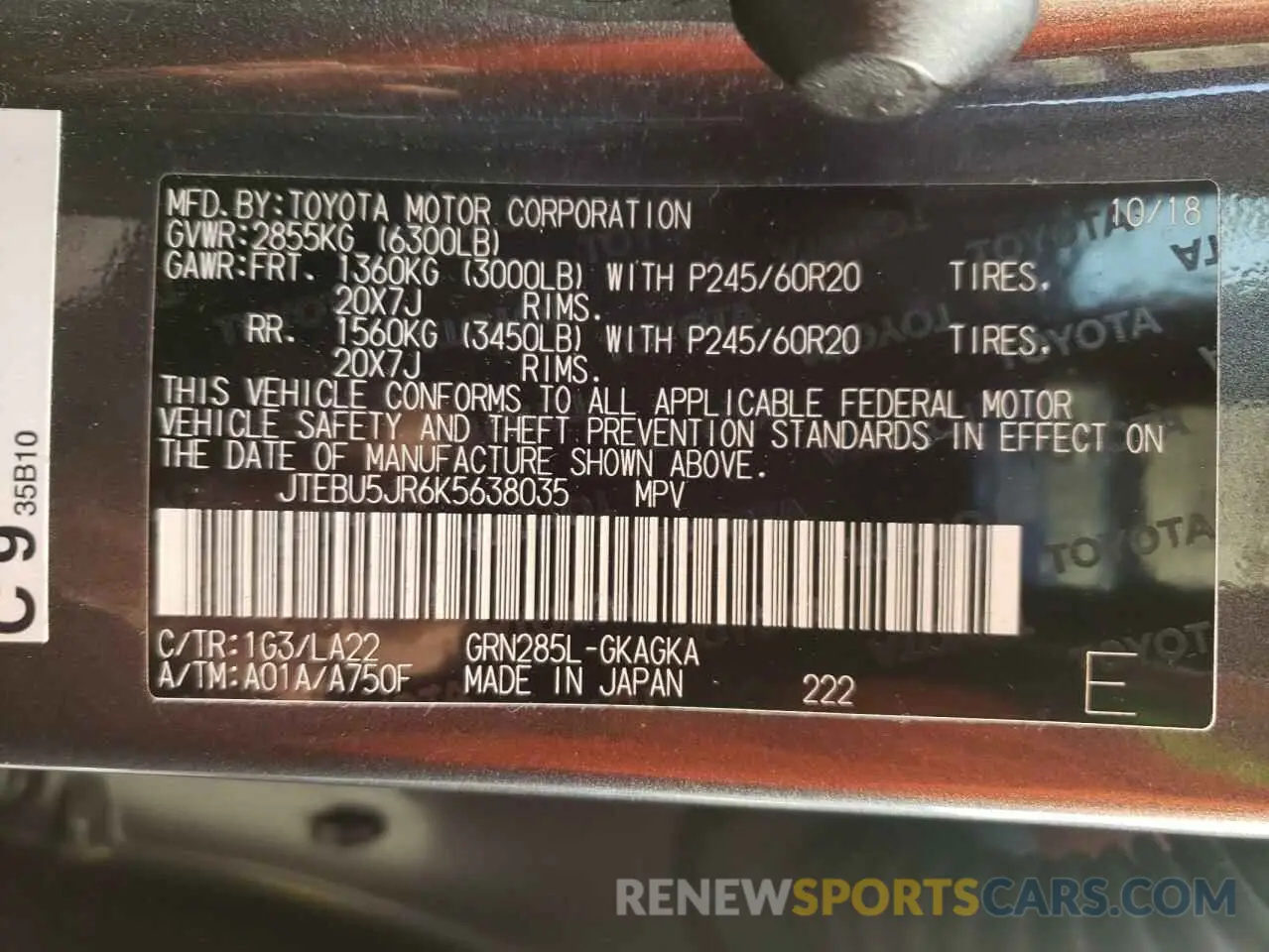 10 Photograph of a damaged car JTEBU5JR6K5638035 TOYOTA 4RUNNER 2019