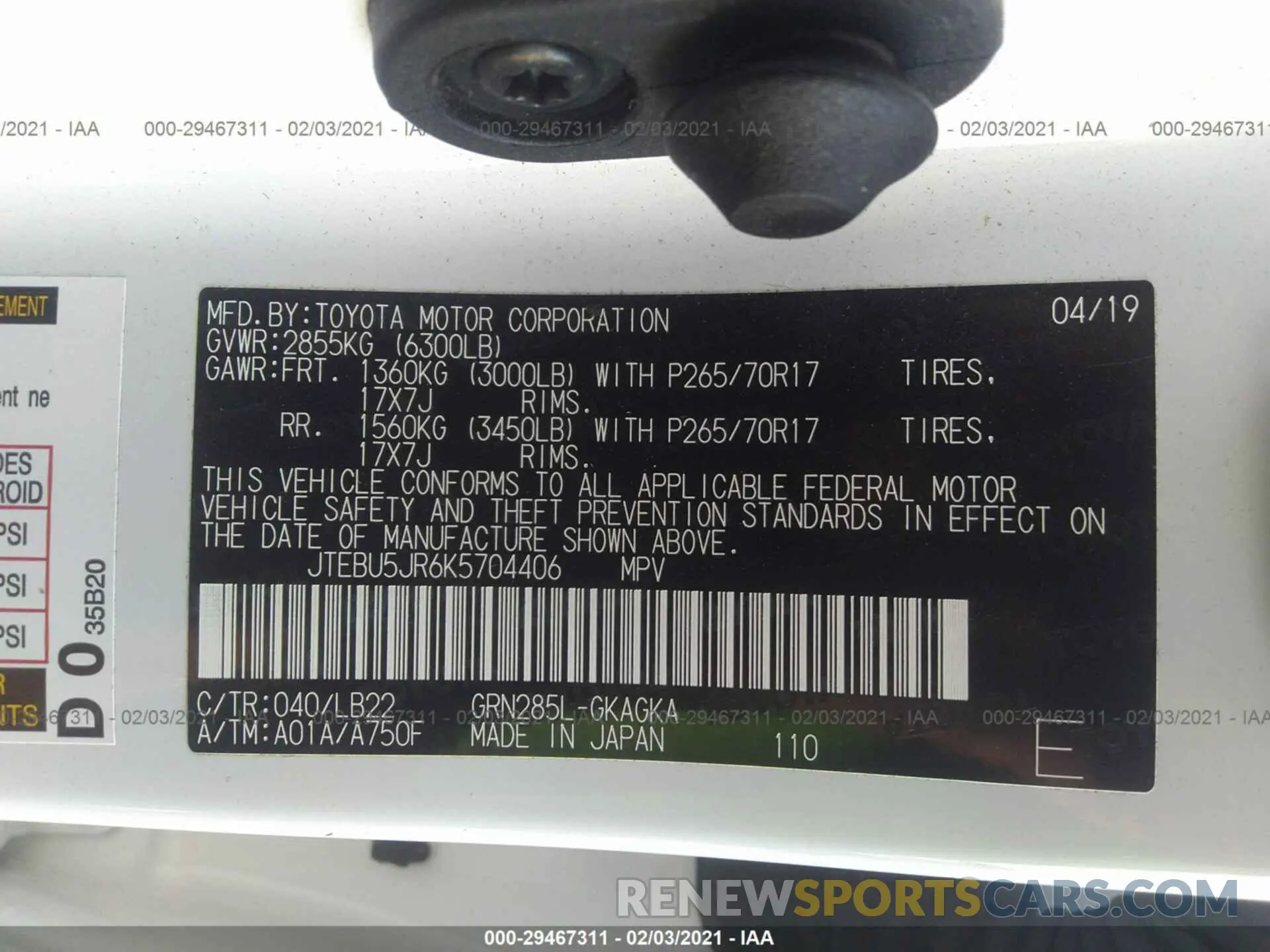 9 Фотография поврежденного автомобиля JTEBU5JR6K5704406 TOYOTA 4RUNNER 2019