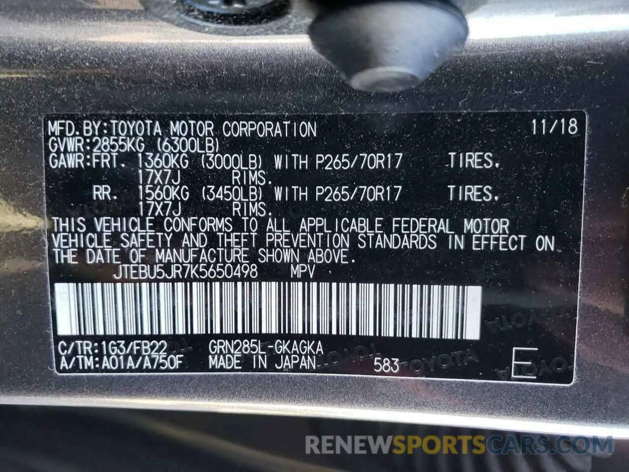 10 Photograph of a damaged car JTEBU5JR7K5650498 TOYOTA 4RUNNER 2019