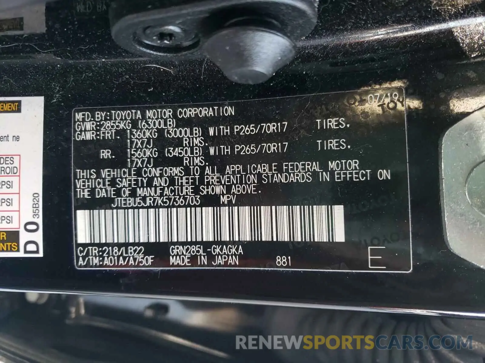 10 Photograph of a damaged car JTEBU5JR7K5736703 TOYOTA 4RUNNER 2019
