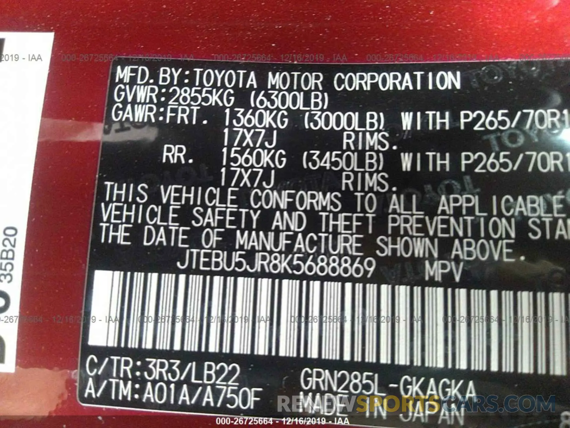 9 Photograph of a damaged car JTEBU5JR8K5688869 TOYOTA 4RUNNER 2019