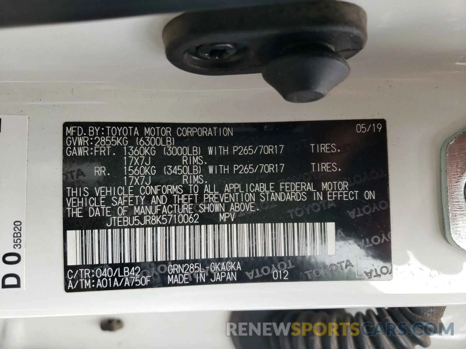 10 Photograph of a damaged car JTEBU5JR8K5710062 TOYOTA 4RUNNER 2019