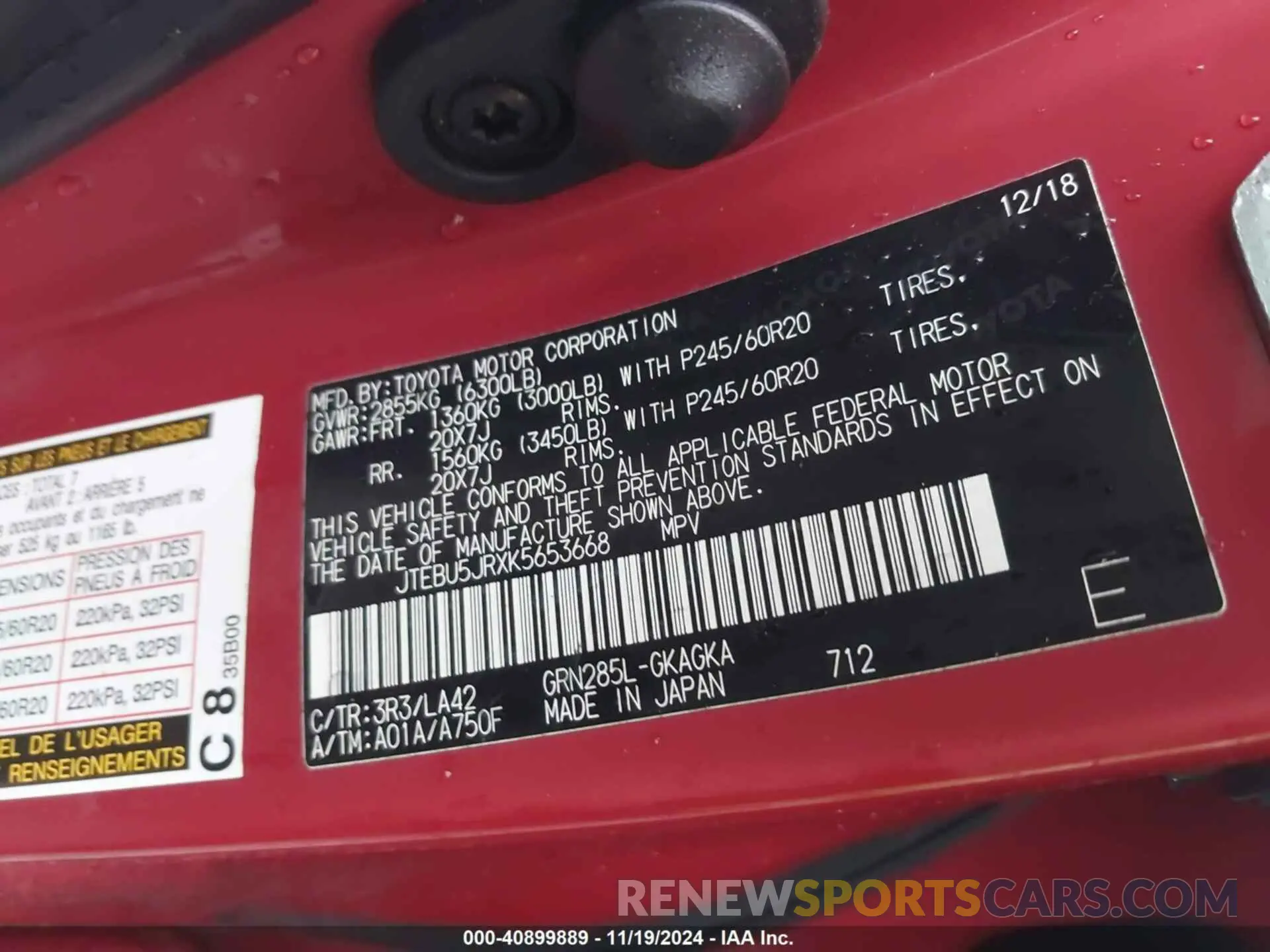 9 Фотография поврежденного автомобиля JTEBU5JRXK5653668 TOYOTA 4RUNNER 2019