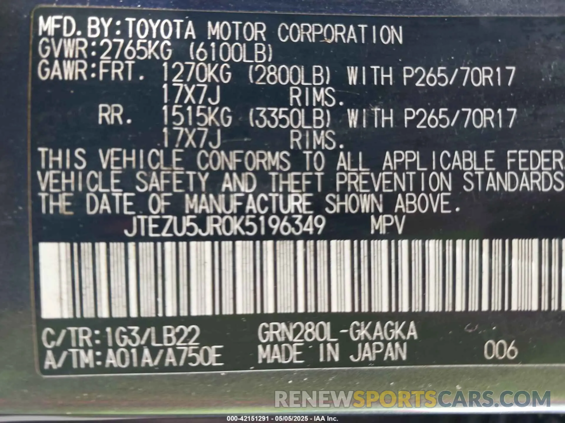 9 Фотография поврежденного автомобиля JTEZU5JR0K5196349 TOYOTA 4RUNNER 2019