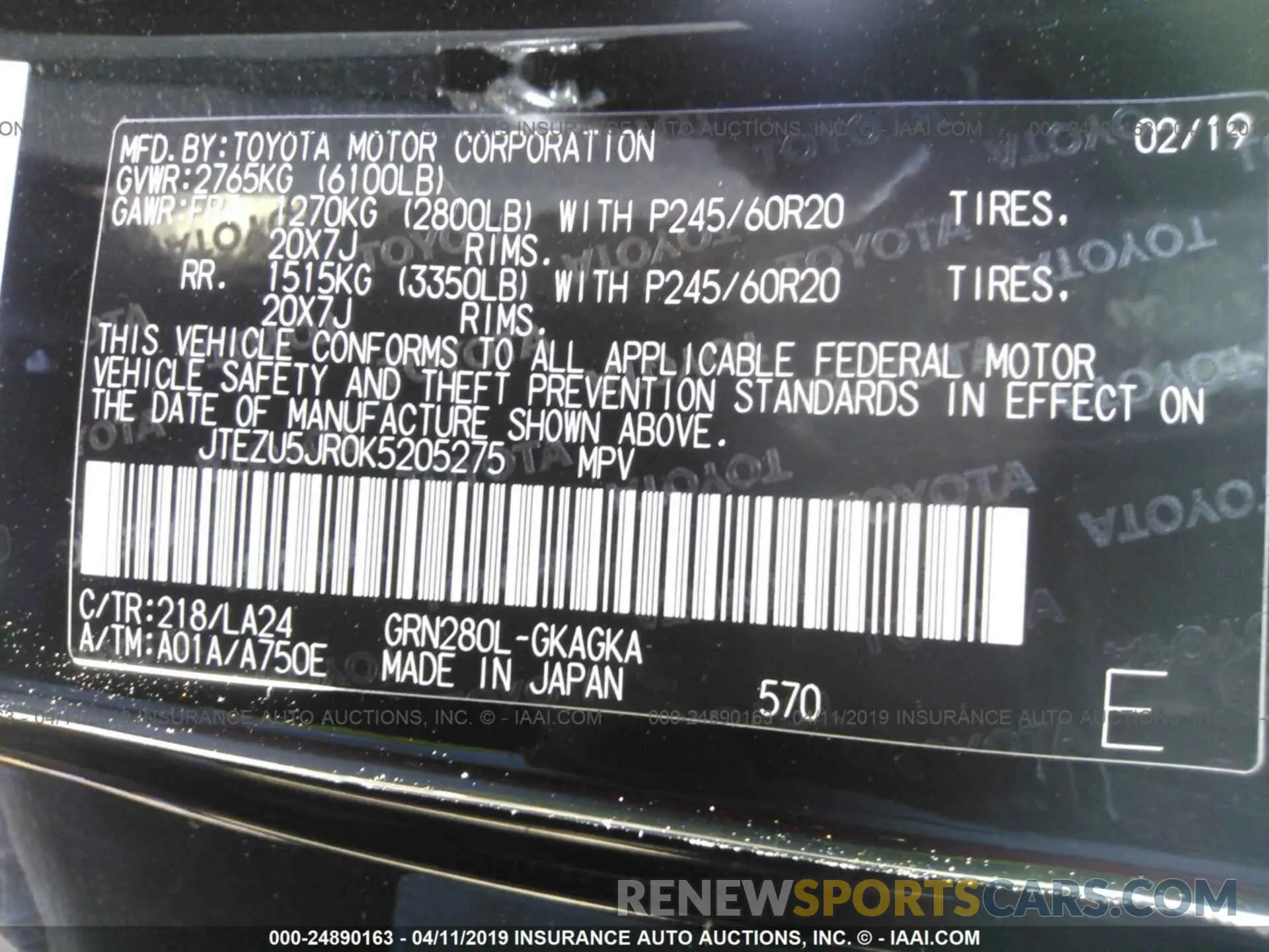 9 Photograph of a damaged car JTEZU5JR0K5205275 TOYOTA 4RUNNER 2019
