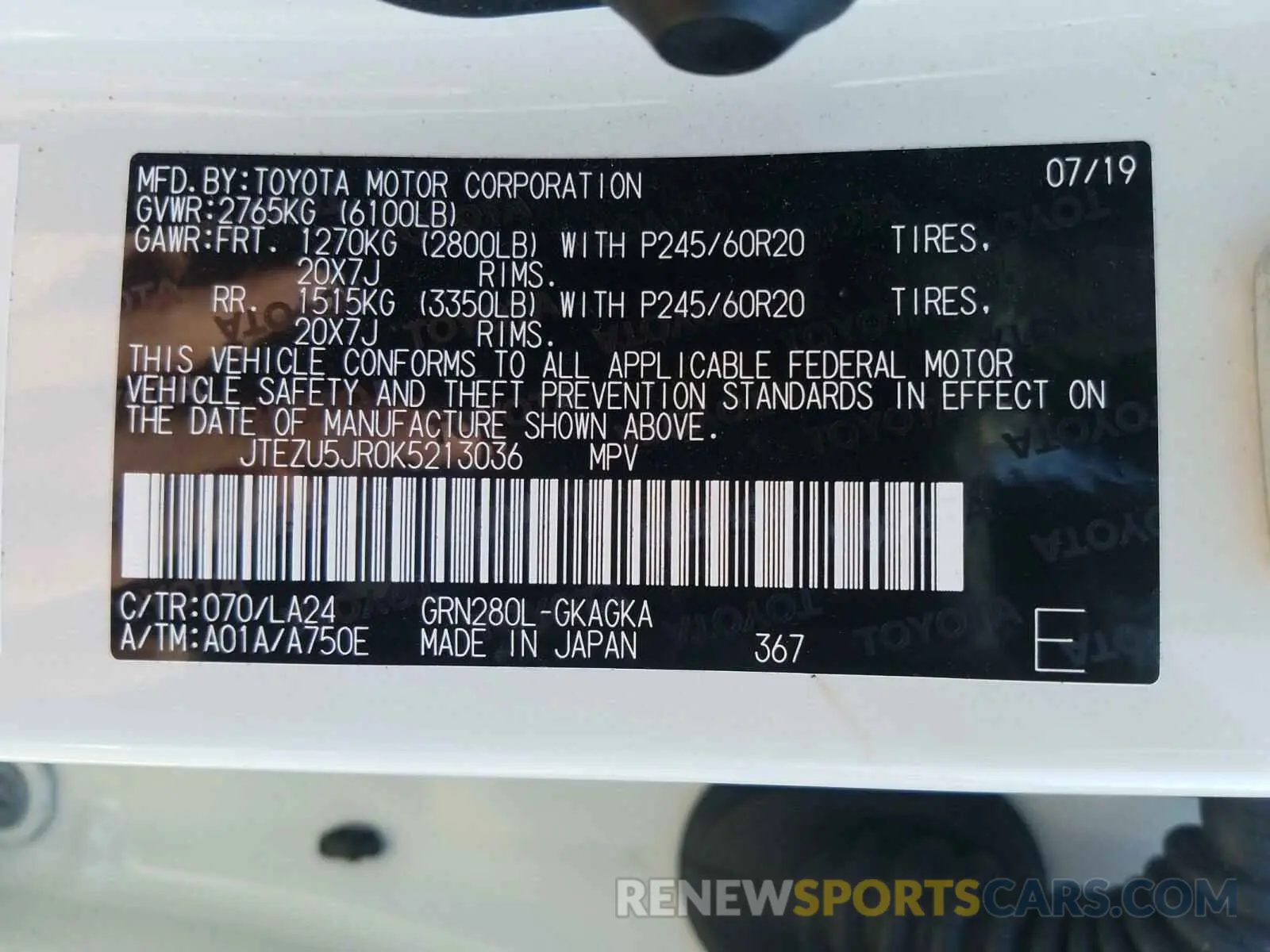 10 Photograph of a damaged car JTEZU5JR0K5213036 TOYOTA 4RUNNER 2019