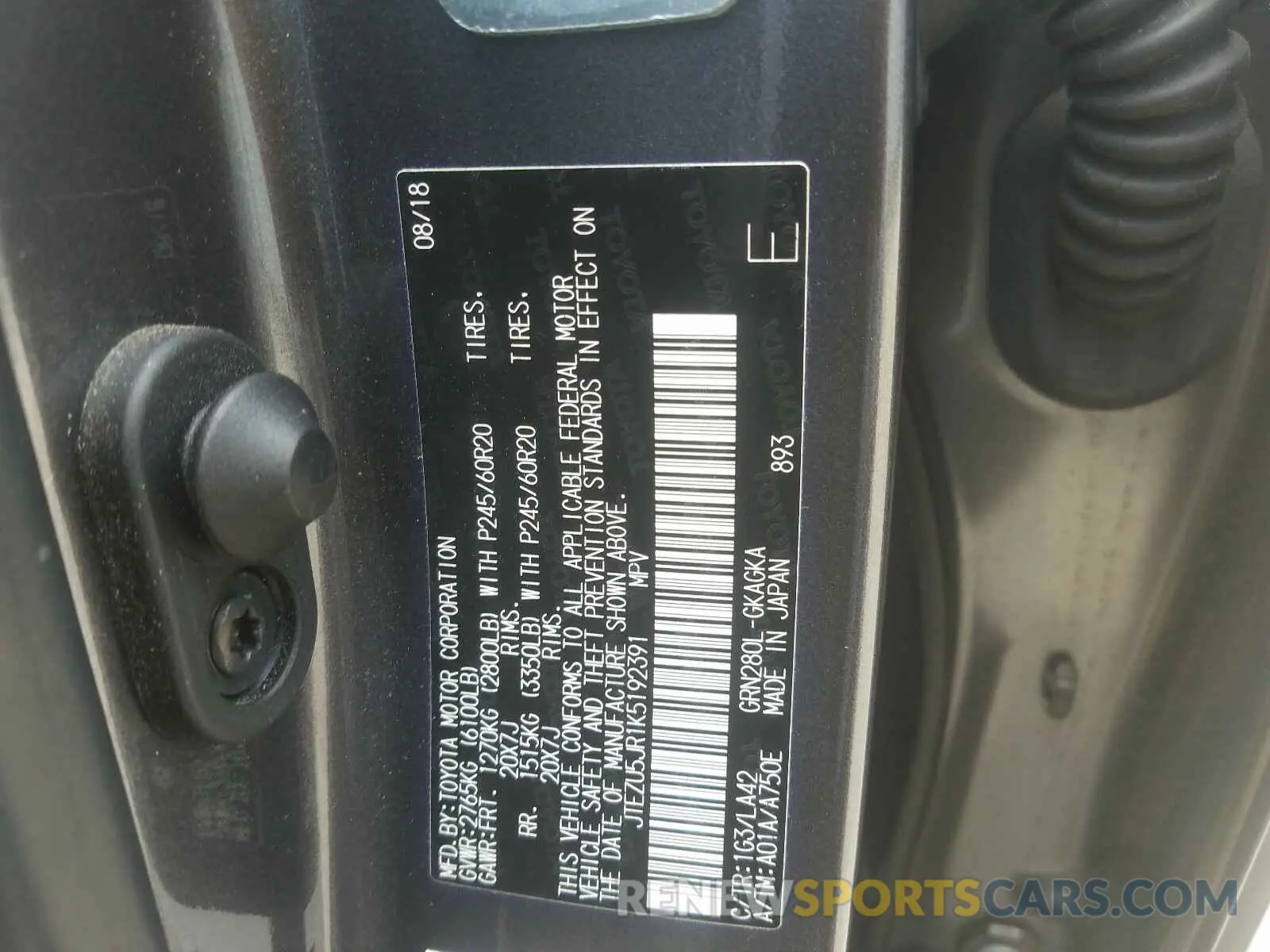 10 Photograph of a damaged car JTEZU5JR1K5192391 TOYOTA 4RUNNER 2019