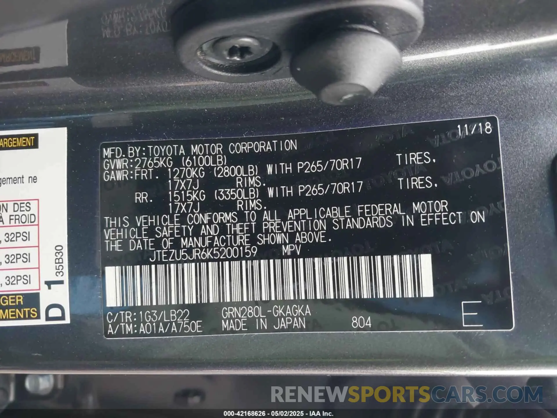 9 Photograph of a damaged car JTEZU5JR6K5200159 TOYOTA 4RUNNER 2019