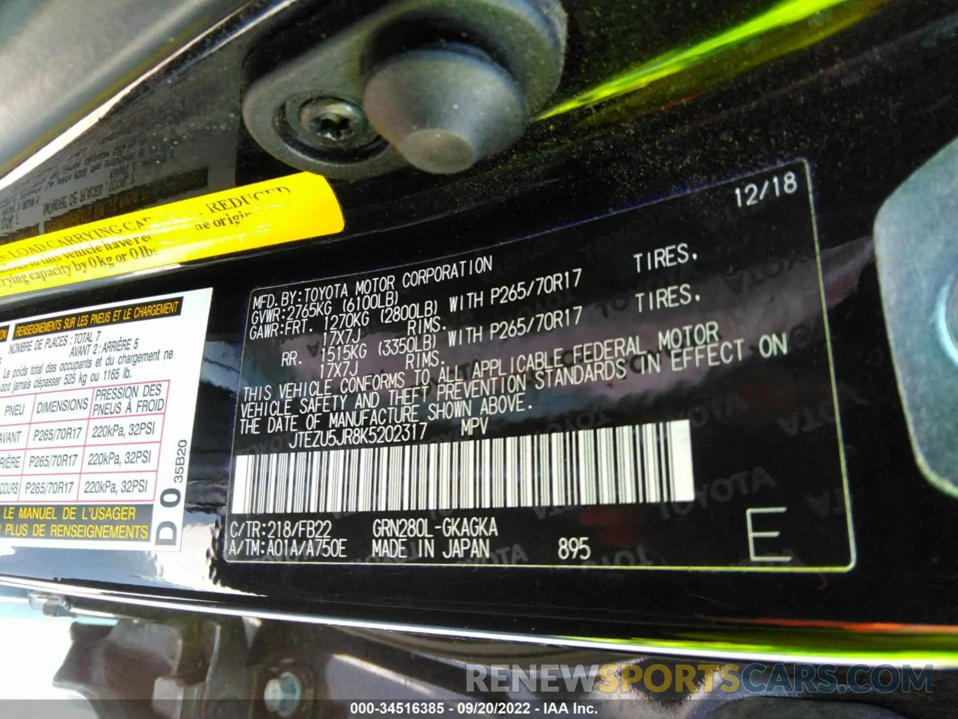 9 Photograph of a damaged car JTEZU5JR8K5202317 TOYOTA 4RUNNER 2019