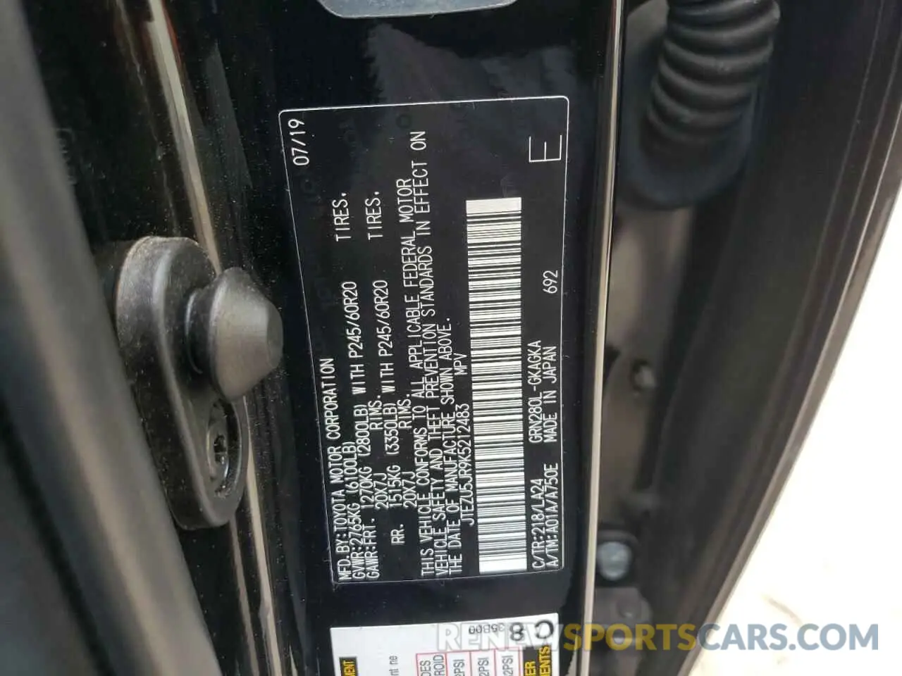 10 Photograph of a damaged car JTEZU5JR9K5212483 TOYOTA 4RUNNER 2019