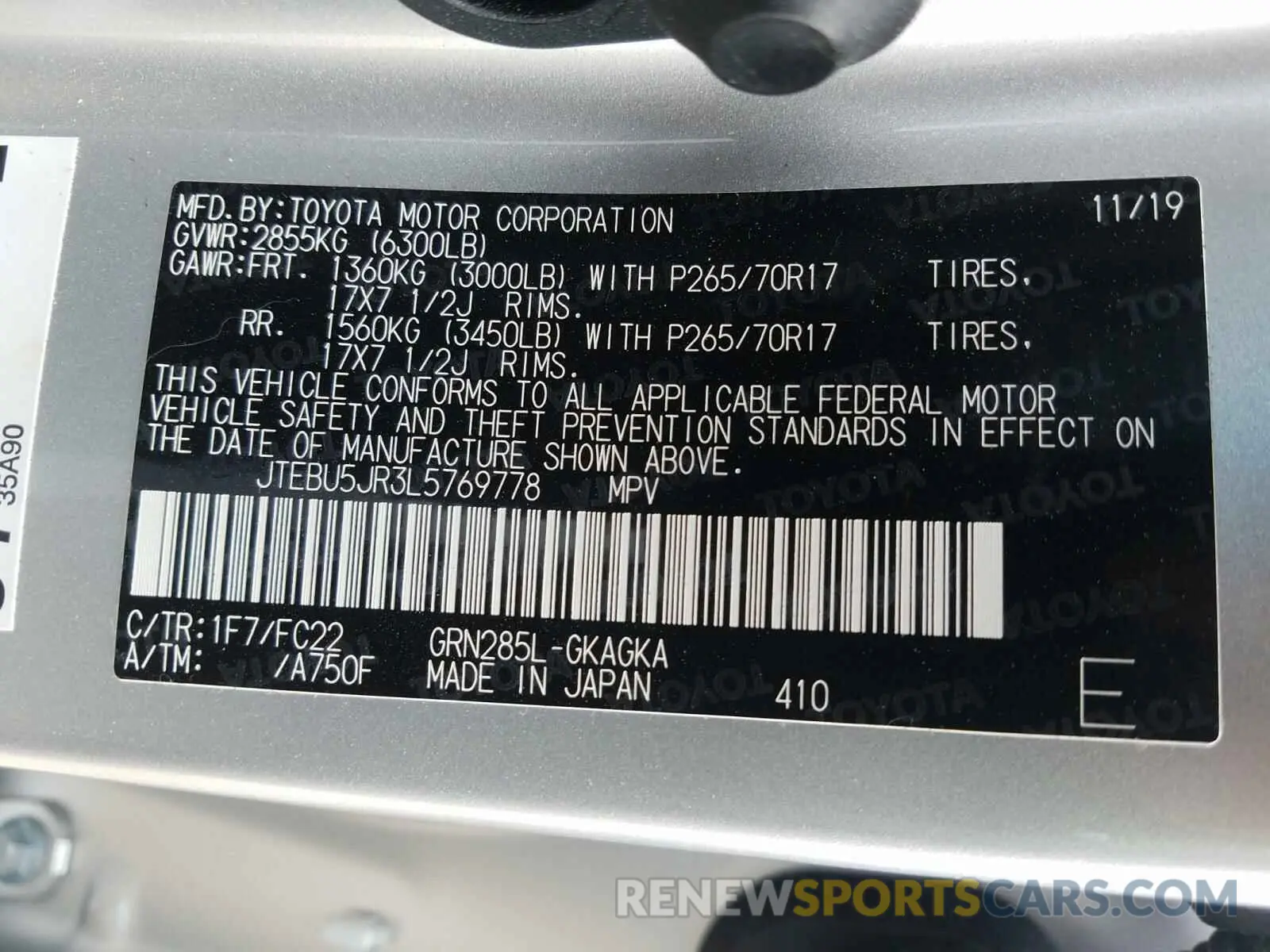 10 Photograph of a damaged car JTEBU5JR3L5769778 TOYOTA 4RUNNER 2020