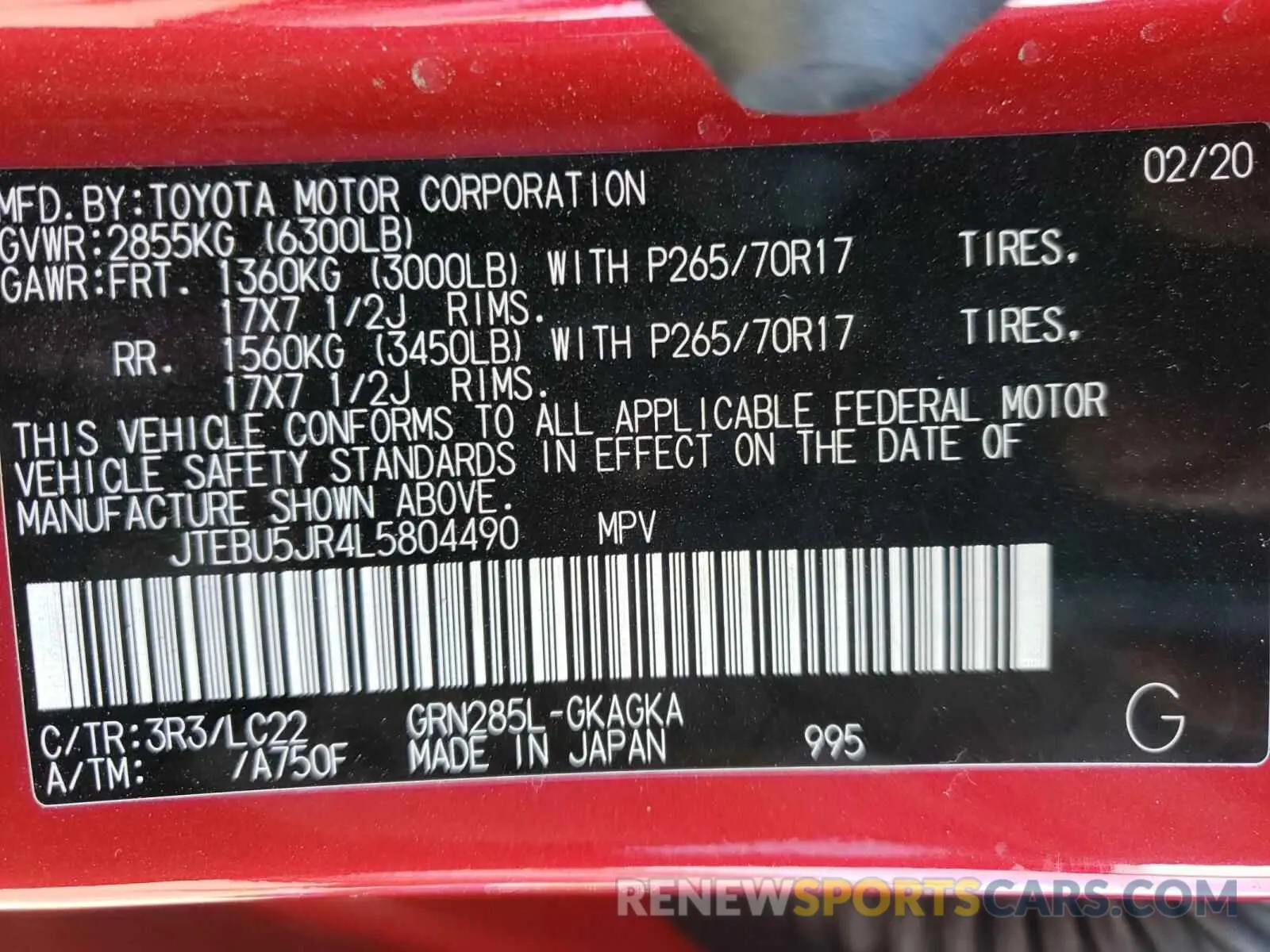 10 Photograph of a damaged car JTEBU5JR4L5804490 TOYOTA 4RUNNER 2020