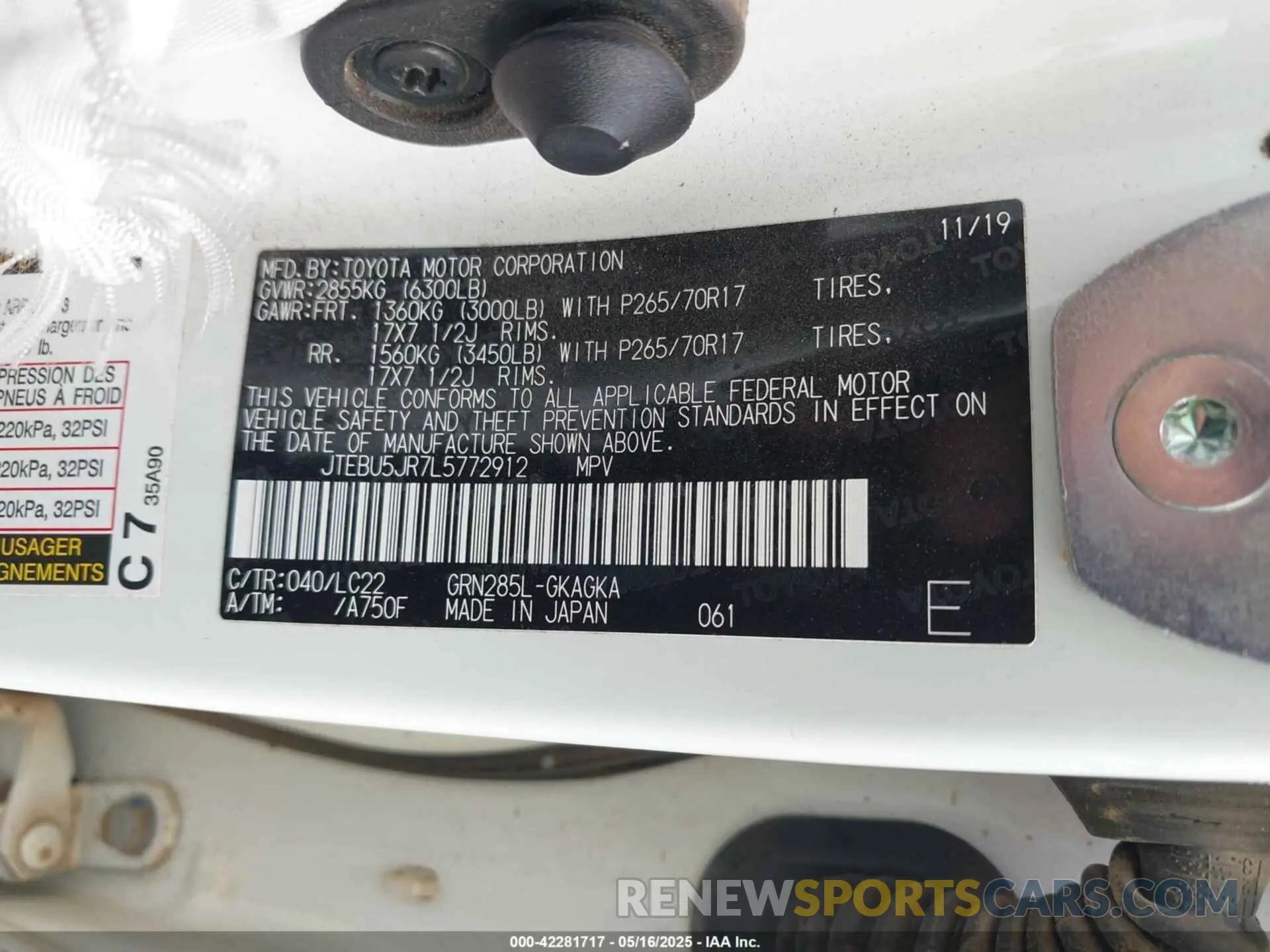 9 Фотография поврежденного автомобиля JTEBU5JR7L5772912 TOYOTA 4RUNNER 2020
