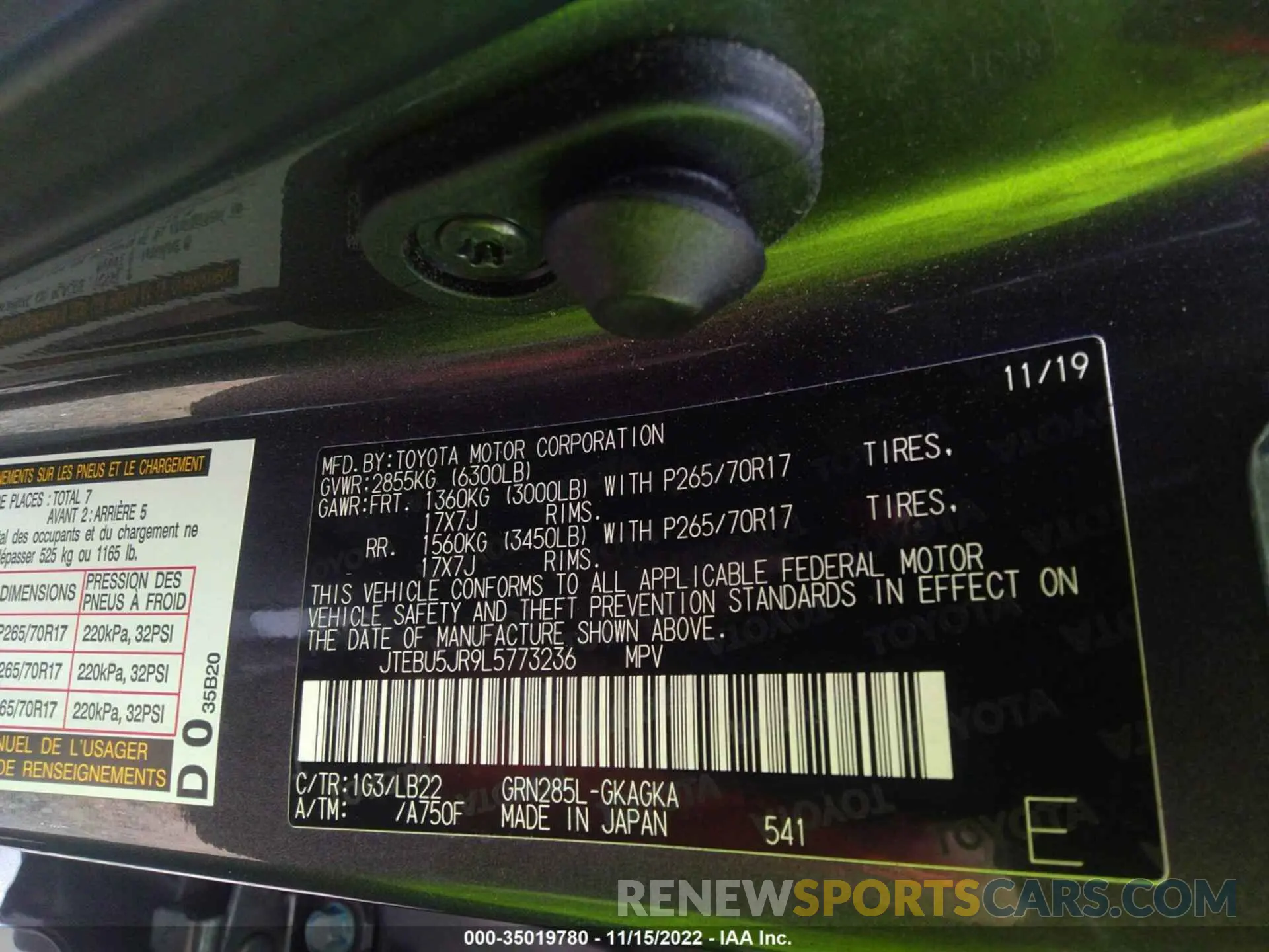 9 Фотография поврежденного автомобиля JTEBU5JR9L5773236 TOYOTA 4RUNNER 2020