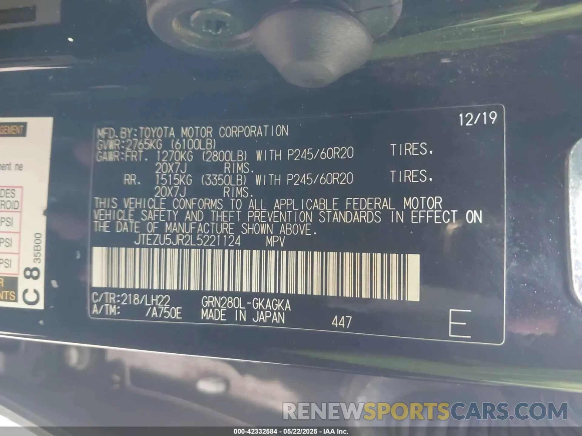 9 Фотография поврежденного автомобиля JTEZU5JR2L5221124 TOYOTA 4RUNNER 2020