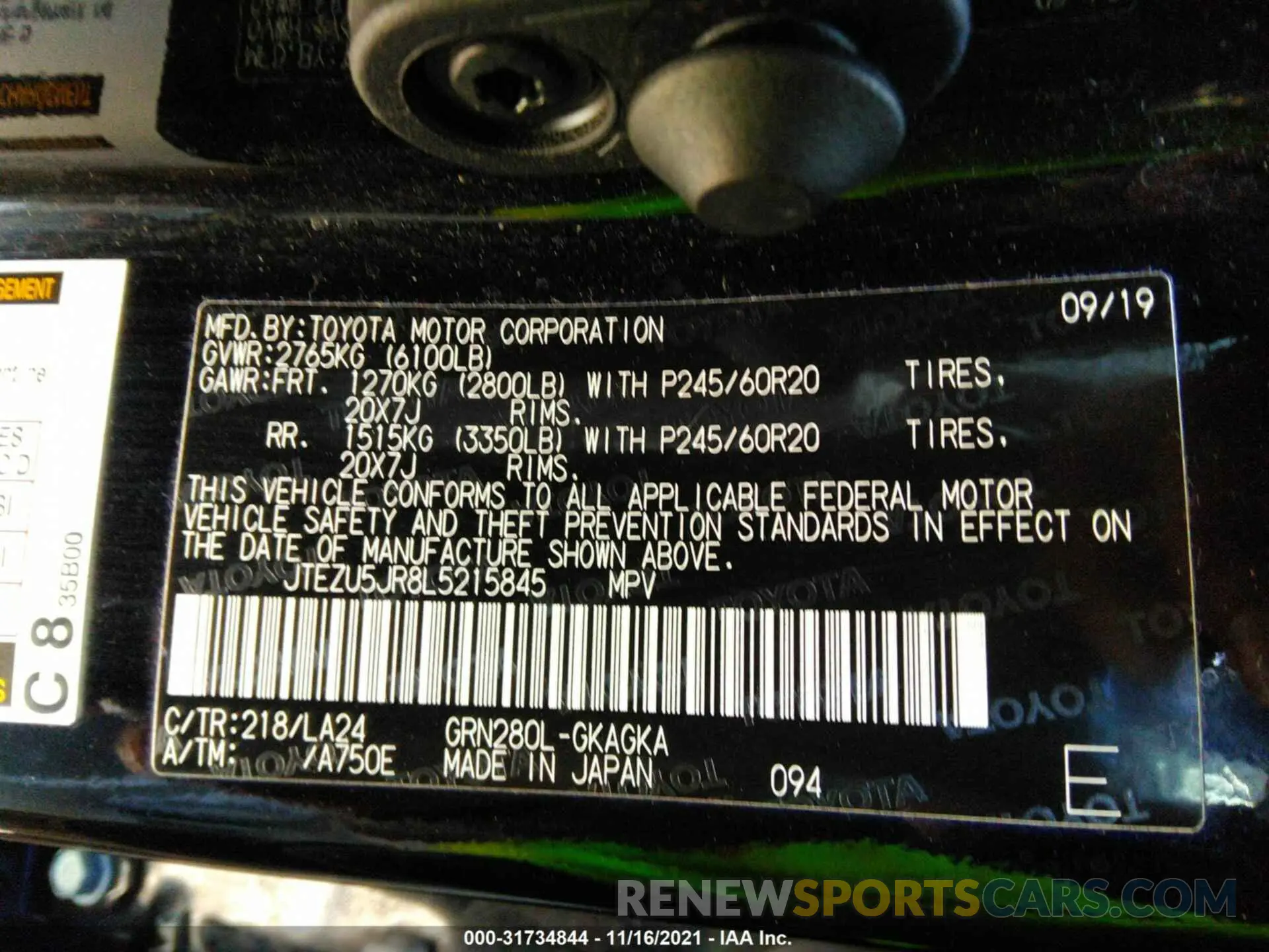 9 Фотография поврежденного автомобиля JTEZU5JR8L5215845 TOYOTA 4RUNNER 2020