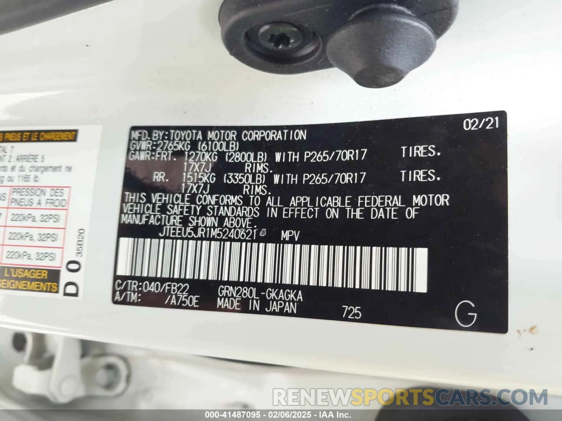 9 Фотография поврежденного автомобиля JTEEU5JR1M5240621 TOYOTA 4RUNNER 2021