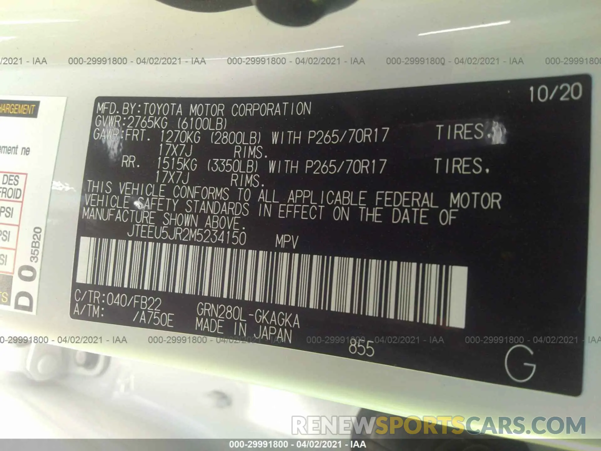 9 Фотография поврежденного автомобиля JTEEU5JR2M5234150 TOYOTA 4RUNNER 2021