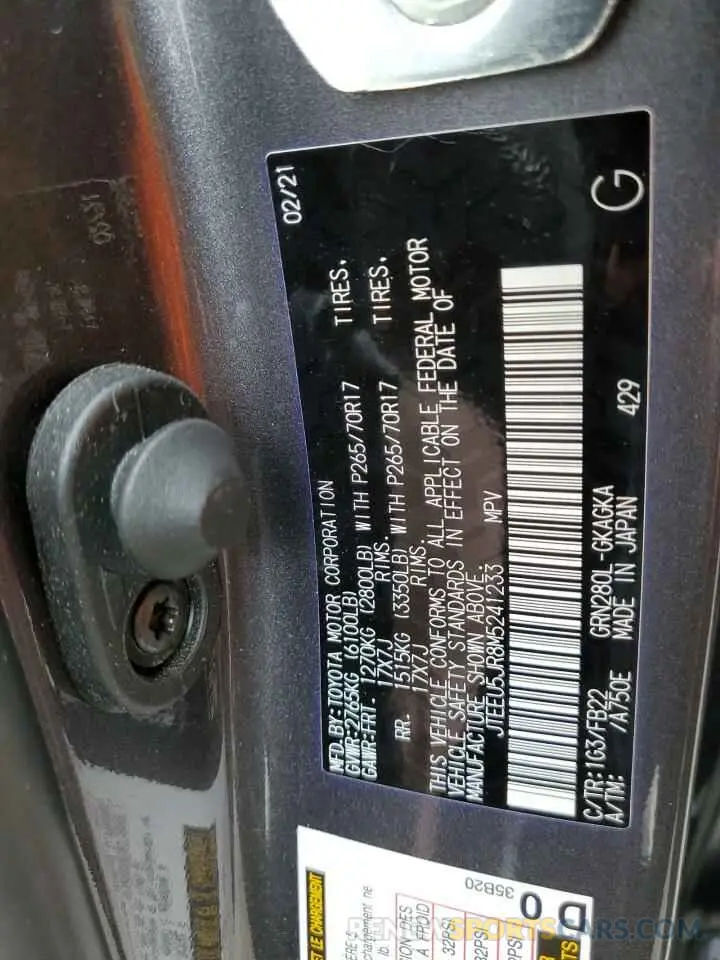 10 Фотография поврежденного автомобиля JTEEU5JR8M5241233 TOYOTA 4RUNNER 2021