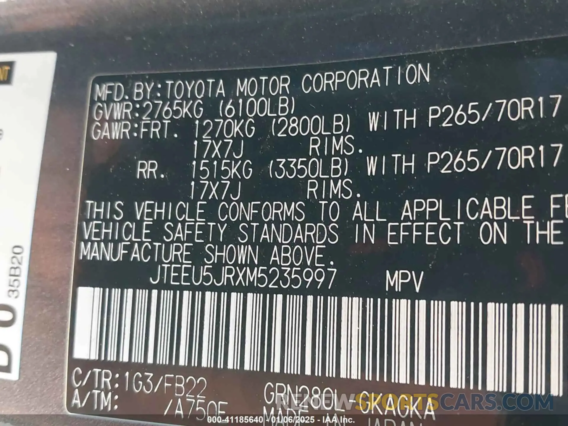 9 Фотография поврежденного автомобиля JTEEU5JRXM5235997 TOYOTA 4RUNNER 2021