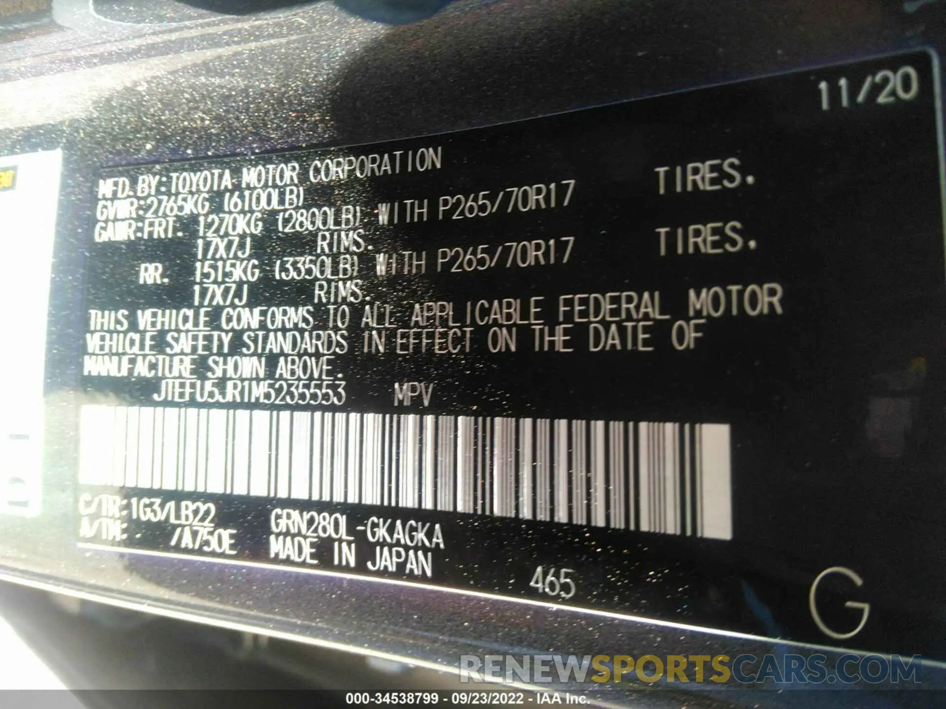 9 Photograph of a damaged car JTEFU5JR1M5235553 TOYOTA 4RUNNER 2021