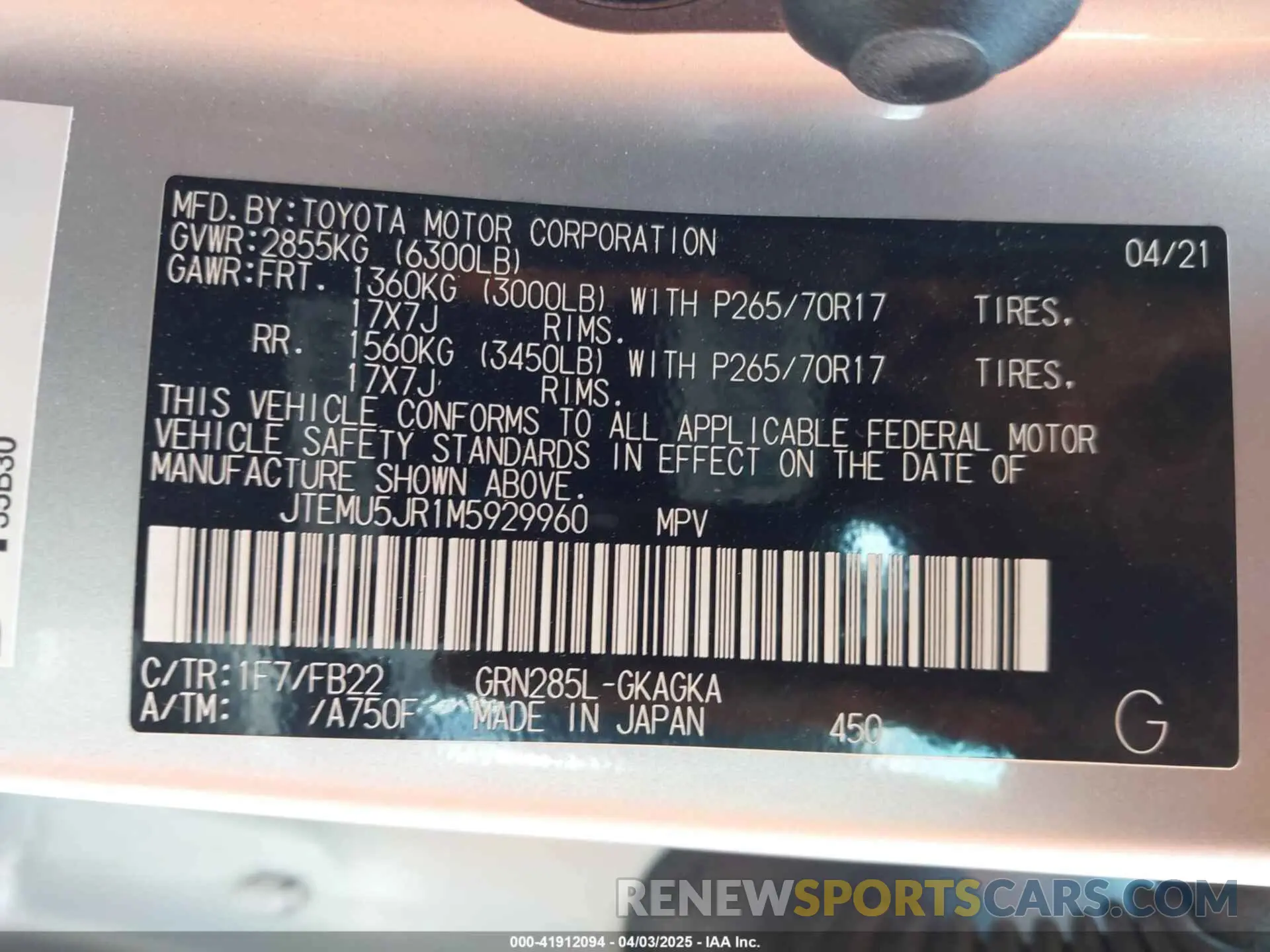 9 Фотография поврежденного автомобиля JTEMU5JR1M5929960 TOYOTA 4RUNNER 2021