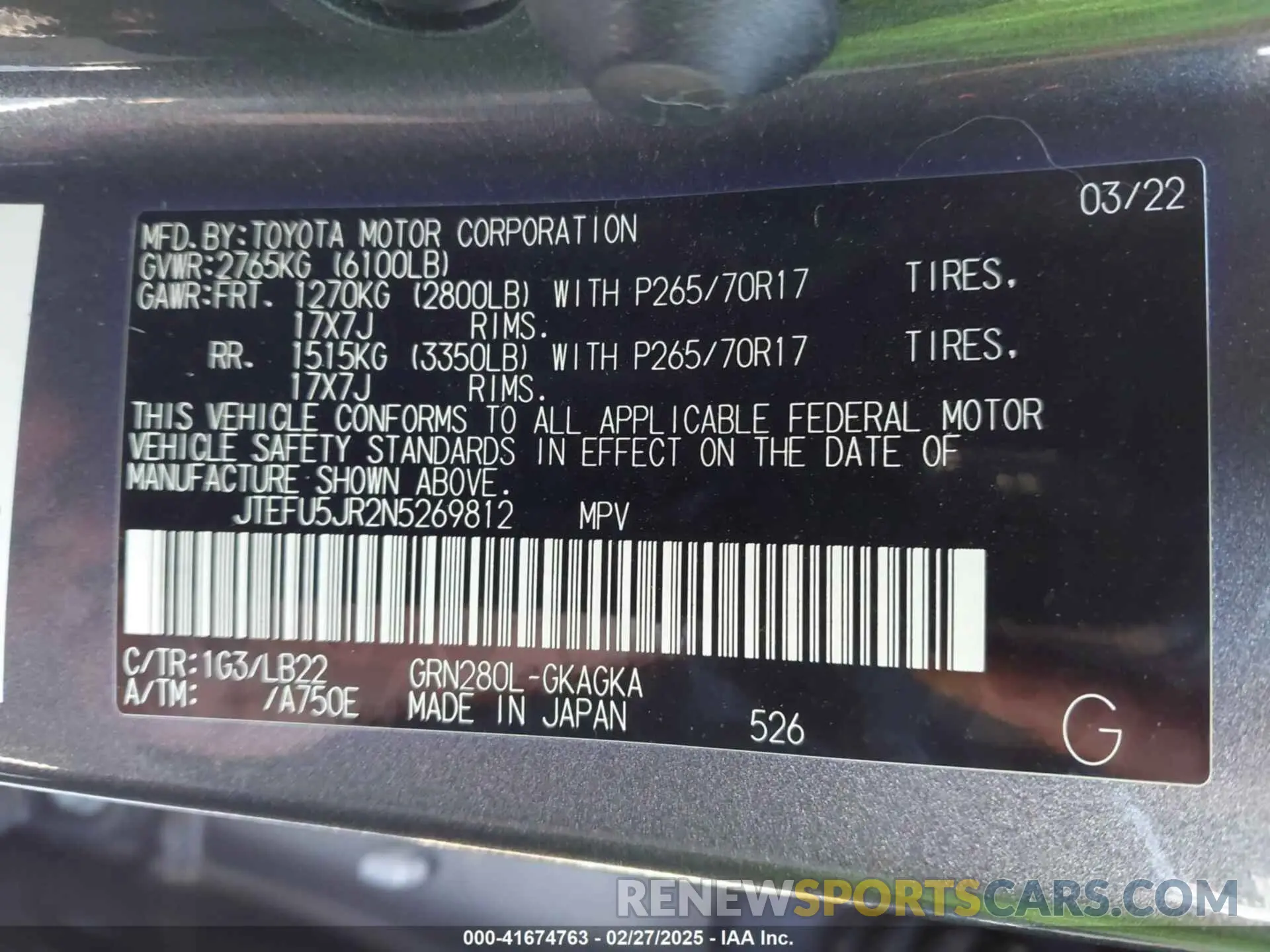 9 Фотография поврежденного автомобиля JTEFU5JR2N5269812 TOYOTA 4RUNNER 2022