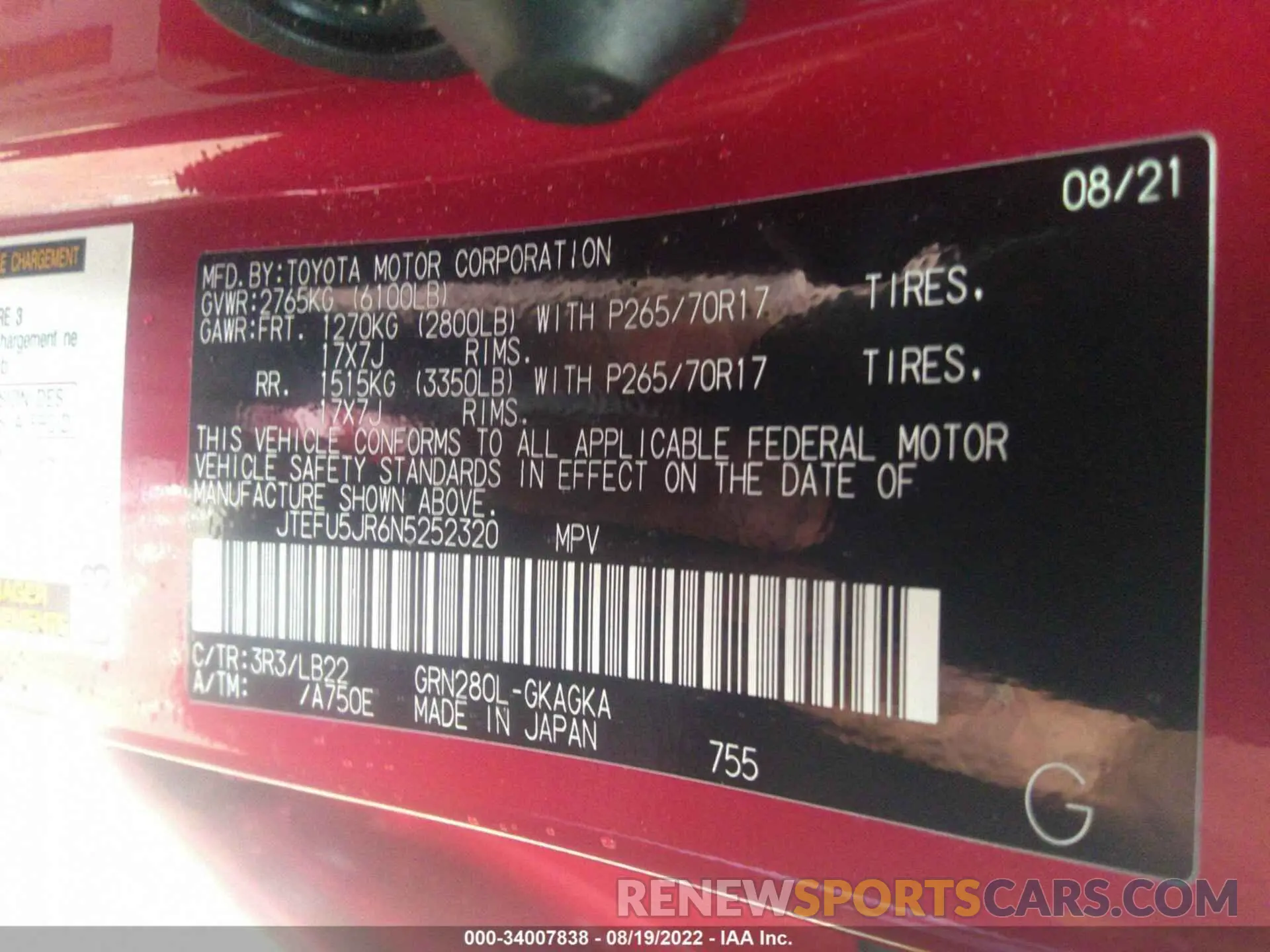 9 Фотография поврежденного автомобиля JTEFU5JR6N5252320 TOYOTA 4RUNNER 2022