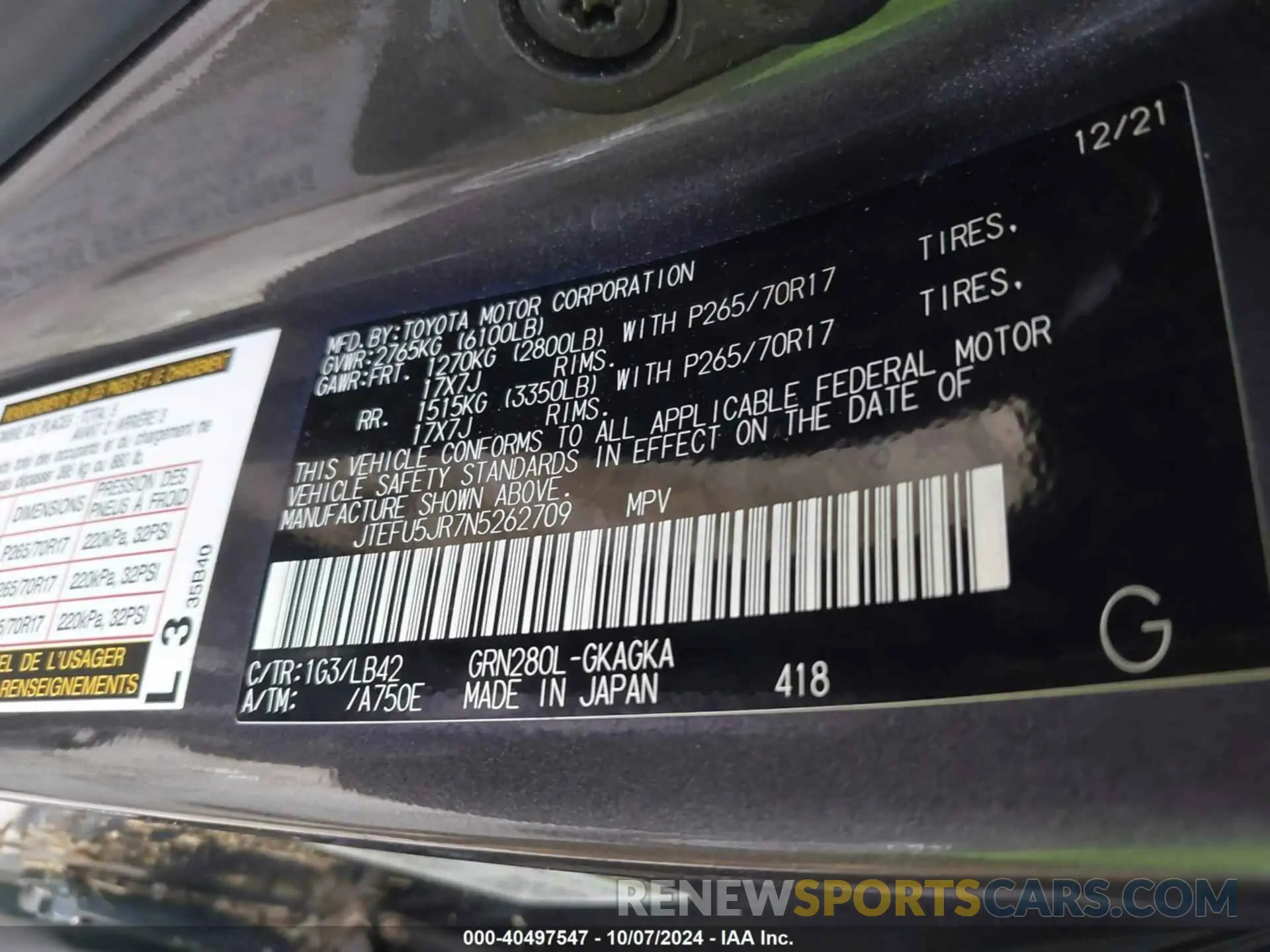 9 Фотография поврежденного автомобиля JTEFU5JR7N5262709 TOYOTA 4RUNNER 2022