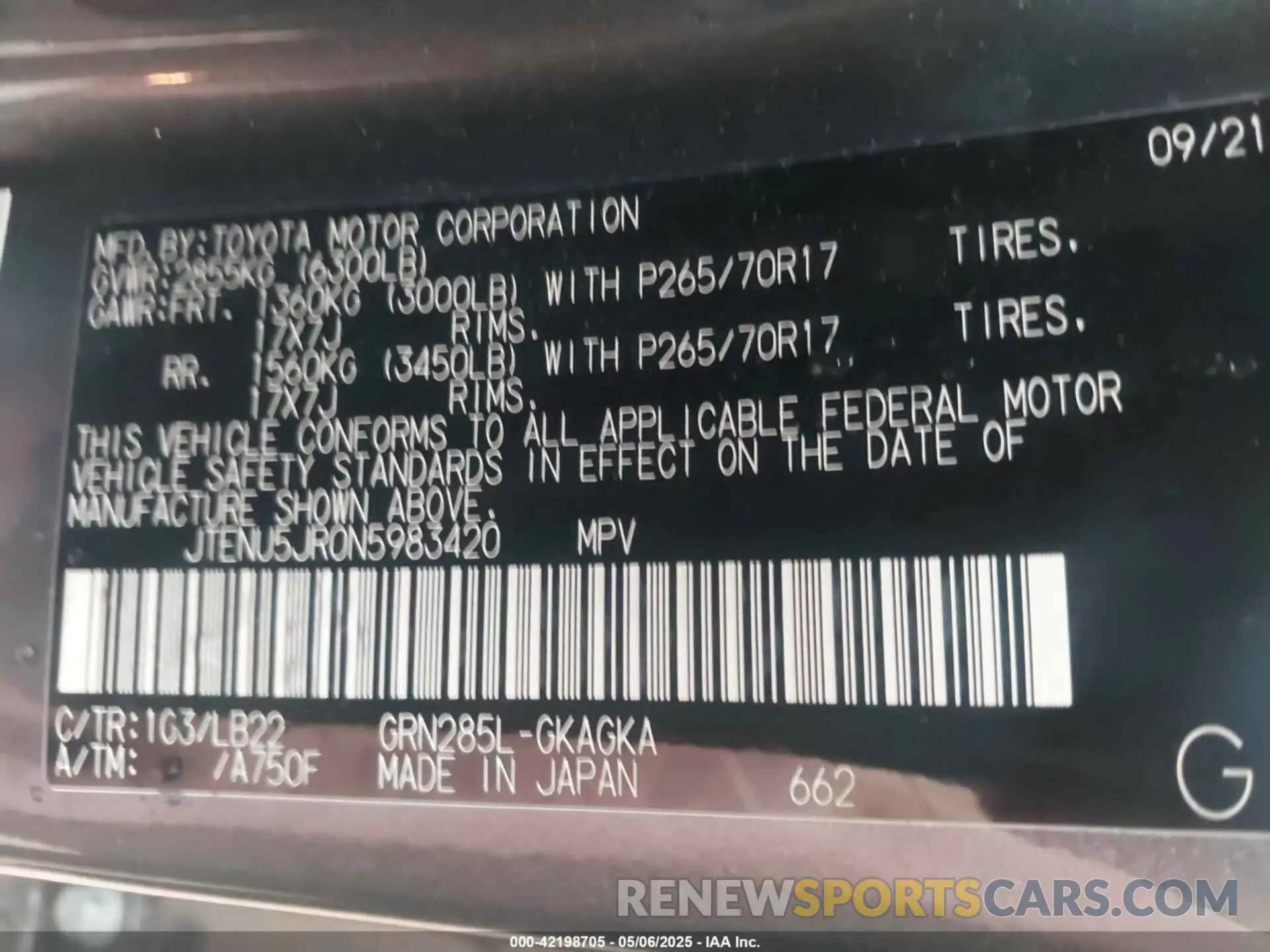 9 Фотография поврежденного автомобиля JTENU5JR0N5983420 TOYOTA 4RUNNER 2022
